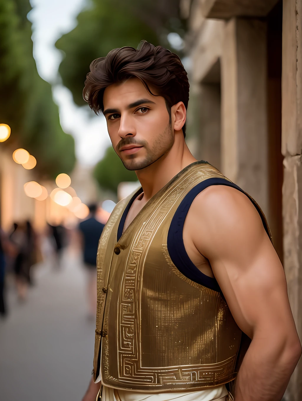 photo of an insanely handsome Greek man, honey eyes, short messy windy light brown hair, closeup zoomed in tight crop portrait, walking down a (street on an Ancient Greek village scene people:1.2) wearing a (tradicional ancient Greek vests:1.3) (old books on his hand:1.3) (Lighting-Gold:1.2) foreground objects background details (masterpiece:1.2) (photorealistic:1.2) (bokeh:1.2) (best quality) (color grading) (detailed skin:1.3) (intricate) (8k) (HDR) (cinematic lighting:1.3) (sharp focus)