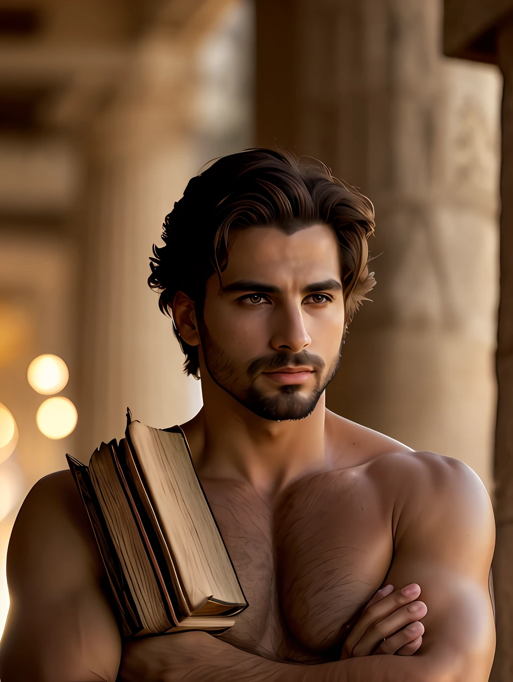 photo of an insanely handsome Greek man, honey eyes, short messy windy light brown hair, closeup zoomed in tight crop portrait, walking down a (street on an Ancient Greek island scene people:1.2) wearing a (tradicional ancient Greek Chitons, Peplos, Chamis:1.3) (old books on his hand:1.3) (Lighting-Gold:1.2) foreground objects background details (masterpiece:1.2) (photorealistic:1.2) (bokeh:1.2) (best quality) (color grading) (detailed skin:1.3) (intricate) (8k) (HDR) (cinematic lighting:1.3) (sharp focus)