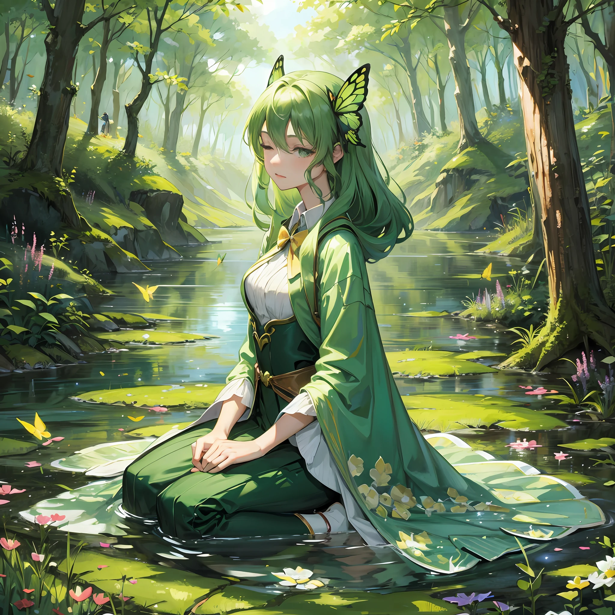 Anime style, green woods, small lakes, green haired woman, holding green butterfly in hand, kneeling with eyes closed --auto --s2