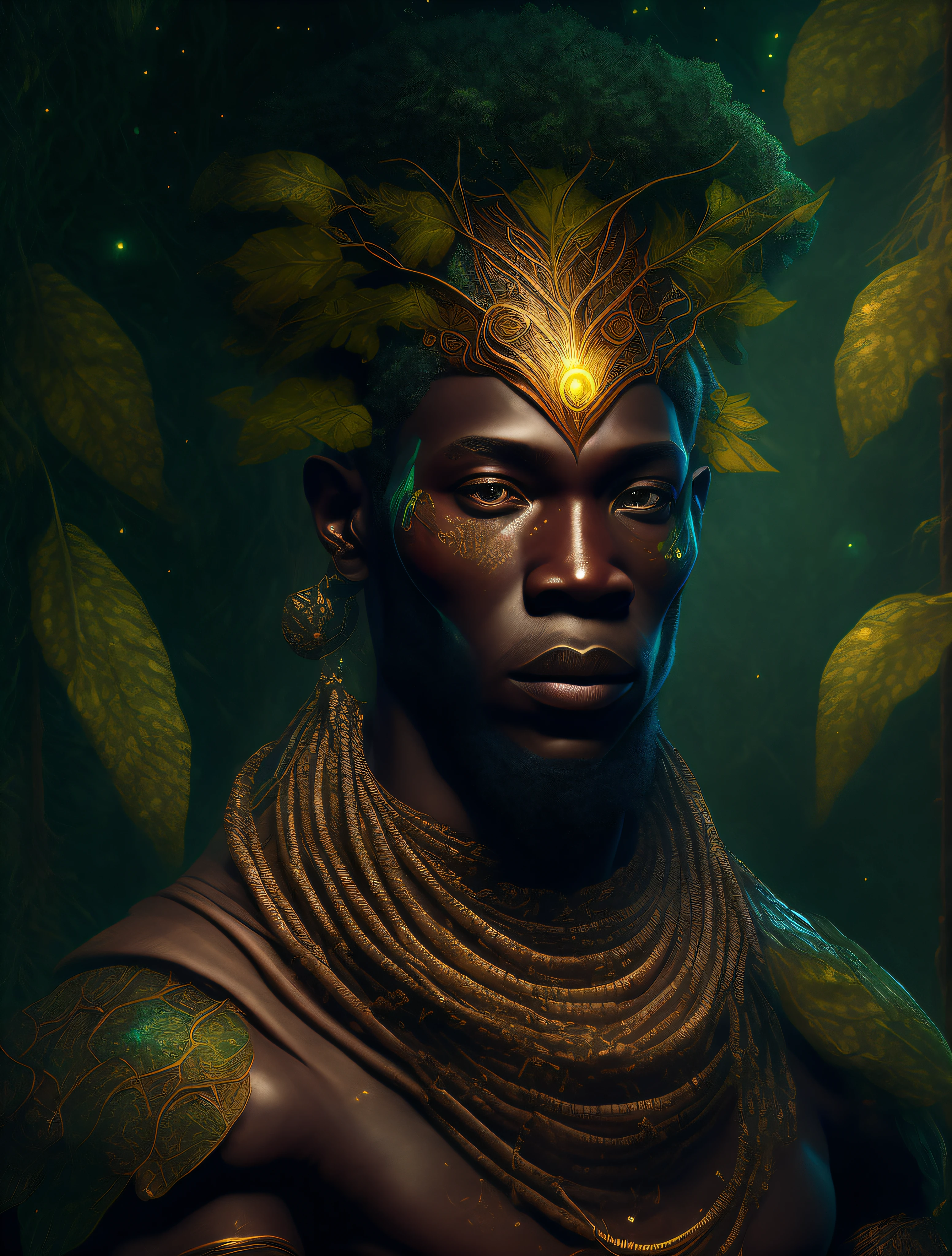 Oxossi the African orisha, strong man hunter, wearing a detailed and intricate ade, god of forests, friendly gaze, cosmic god, astrophotography
