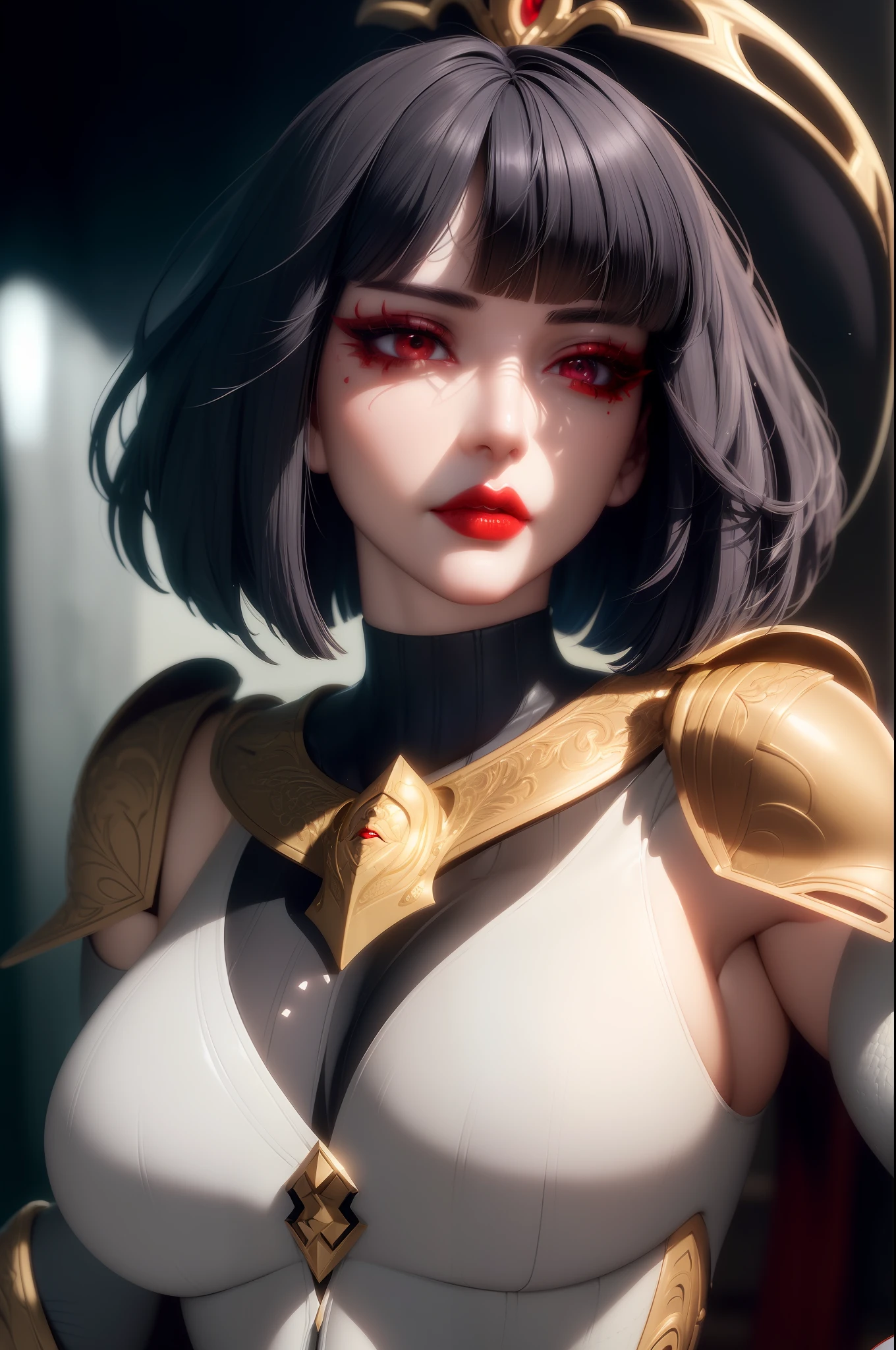 Beauty anime girl /// (Character) wearing a highly & extremely detailed combat body suit with scarf, pearly perfect detailed wet skin with pores, face sharp focus, detailed eyes and pupils, detailed hair, intricate details and sharp, masterpiece, global illumination, real shadow, bokeh, best quality, photorealistic, realistic, 8k ((short bob cut hair with colorful bangs fringes)), complete perfect red lips, eyelashes, ((detailed intricate iris textured face in ZBrush)), developed by Unreal Engine 5, vibrant & intricate Artwork, golden Ratio, epic