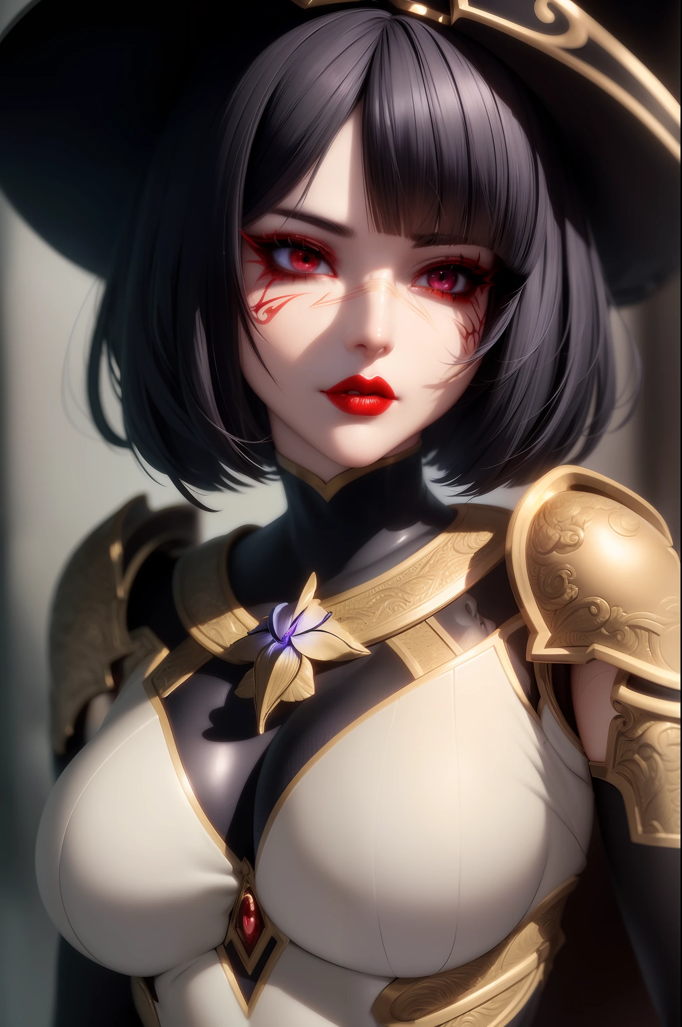 Beauty anime girl /// (Character) wearing a highly & extremely detailed combat body suit with scarf, pearly perfect detailed wet skin with pores, face sharp focus, detailed eyes and pupils, detailed hair, intricate details and sharp, masterpiece, global illumination, real shadow, bokeh, best quality, photorealistic, realistic, 8k ((short bob cut hair with colorful bangs fringes)), complete perfect red lips, eyelashes, ((detailed intricate iris textured face in ZBrush)), developed by Unreal Engine 5, vibrant & intricate Artwork, golden Ratio, epic