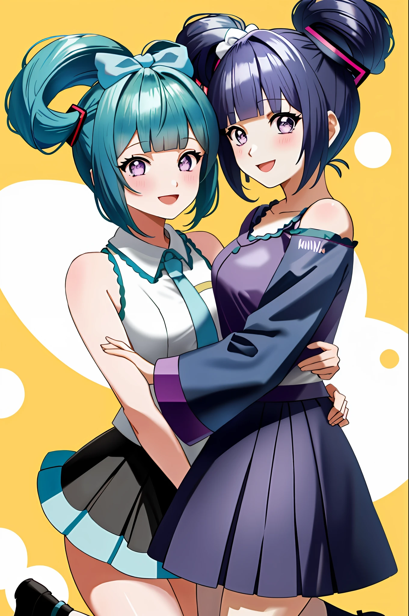 cinnamiku, short hair, upper body, smile, blush, :D, posing, full body, floral background, (blunt bangs:1.3), (dark blue hair:1.3), purple eyes, hinata\(shippuden\)