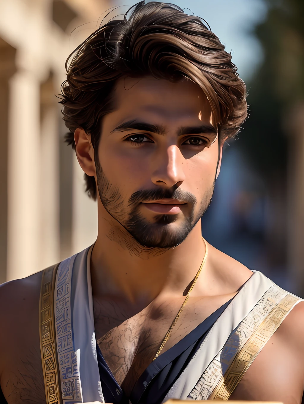 photo of an insanely handsome Greek man, honey eyes, short messy windy light brown hair, closeup zoomed in tight crop portrait, walking down a (street on an Ancient Greek island scene people:1.2) wearing a (tradicional ancient Greek clothing Chitons, Peplos, Chamis:1.3) (old books on his hand:1.3) (Lighting-Gold:1.2) foreground objects background details (masterpiece:1.2) (photorealistic:1.2) (bokeh:1.2) (best quality) (color grading) (detailed skin:1.3) (intricate) (8k) (HDR) (cinematic lighting:1.3) (sharp focus)