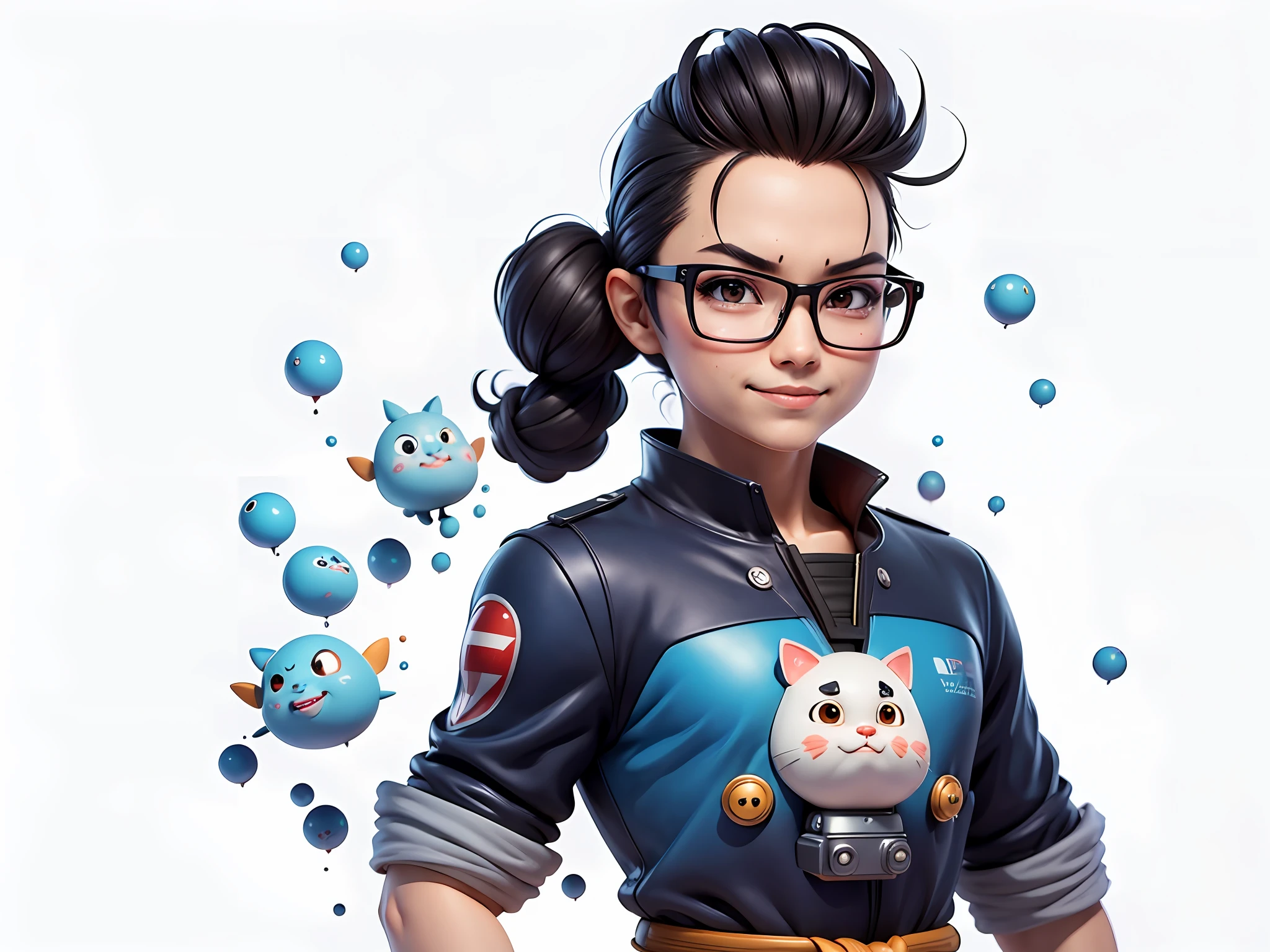 Masterpiece), (Excellent), (Super Meticulous), (Full Body: 1.2), Super Young Woman, Beautiful, Sexy, Bursting, Oriental Face, TV Anchor, Bust Portrait Illustration, Alone, Black Suit, Blue Tie, Silver Glasses, Slightly Chubby Face, Very Clean Face, No Beard, Black Super Short Hair, Black Eyes, Confident Smile, 3c Computer Sub-Products, iPad, iPhone, Digital Painting, 3D Character Design by Akira Toriyama with Mark Claireden and Pixar and Hayao Miyazaki, The illustration is a high-definition illustration in 4K resolution with very detailed facial features and cartoon-style visuals.