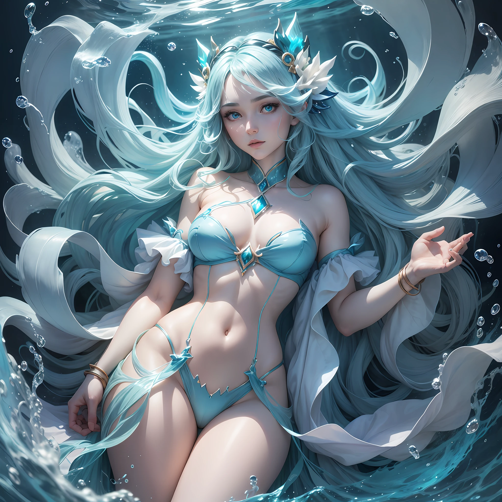 Undine, the Aquatic Tempest, captivates as an ethereal being entirely composed of flowing water. Her fluid form, standing at 5'6" (167 cm), constantly ripples and shifts, reflecting cerulean, aquamarine, and crystal clear hues. Deep, radiant eyes mirror the tranquil depths of the ocean, exuding an aura of calmness and mystery. Undine embodies the power and fluidity of water, an enchanting entity that stands as a captivating and enigmatic character within your TCG game, targeting a mature audience seeking the allure of an aquatic tempest.