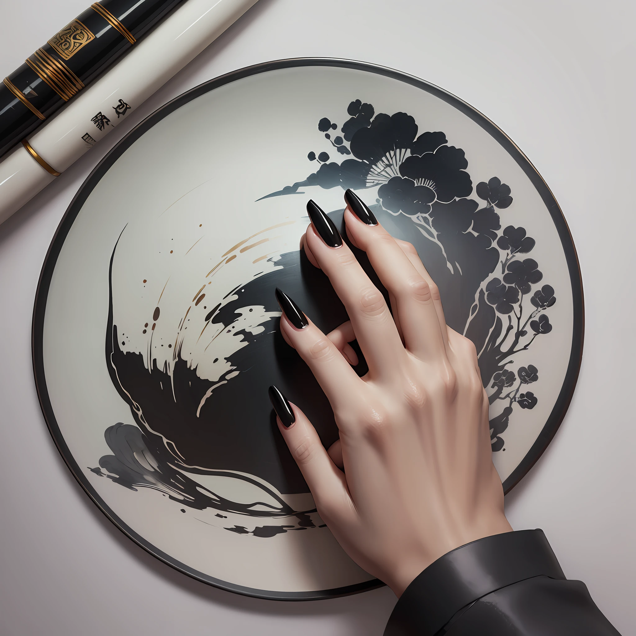 Manicure, ink painting style, Chinese, hand details, nail details --auto --s2