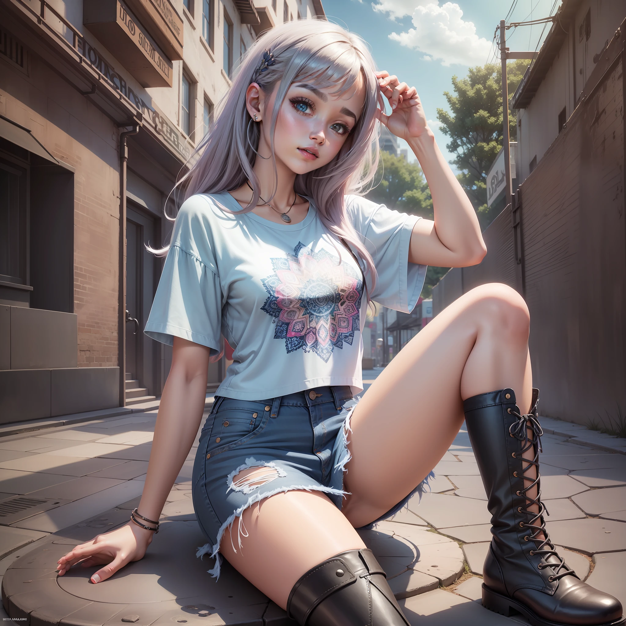 young beautiful girl, ultra detailed, official art, unity 8k wallpaper, (fashion magazine cover:1.3), 
BREAK
denim mini skirt, graphic tee, combat boots
, mandala