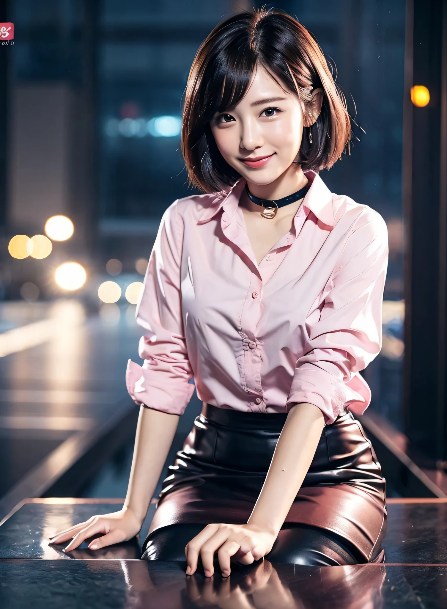 (8k, top quality, masterpiece: 1.2), (realistic, photorealistic: 1.37), super detailed, girl alone, cute, one, beautiful detailed sky, company, sitting, dating, (blush), (smile: 1.15),(closed)small,beautiful fine eyes,(shirt with collar:1.1),night,wet,business wear,rain,white lace,(short hair:1.2),floating hair NovaFrogStyle,