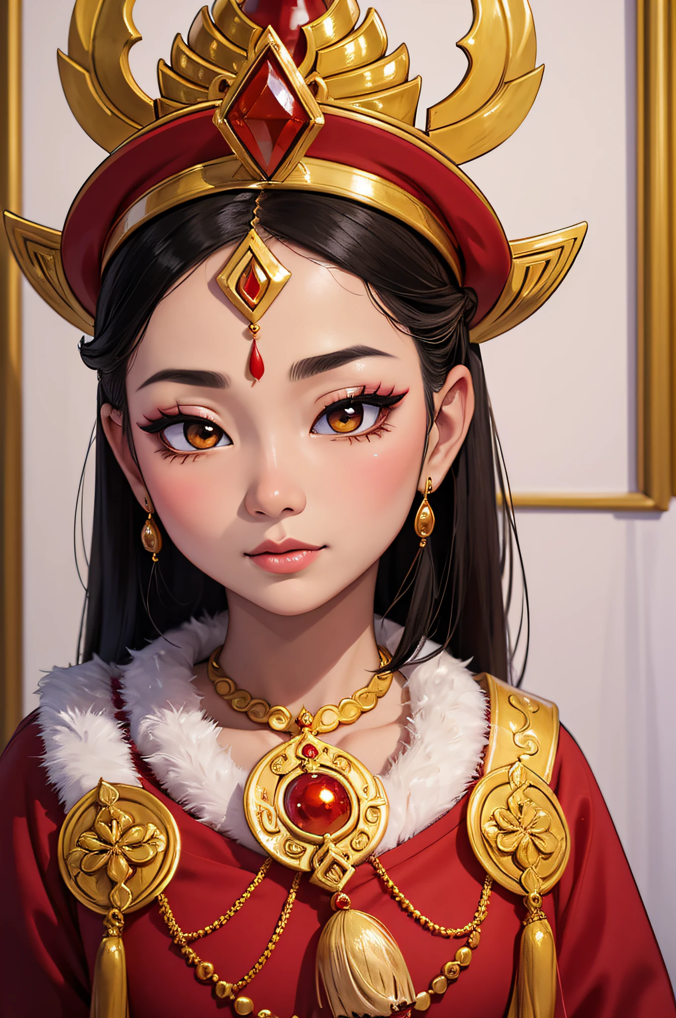 representation through art of the concept Myanmar, beautiful images of Myanmar traditions, thai culture, traditional Myanmar dance, arafed thai woman in a red dress and gold headpiece, traditional beauty, portrait of modern darna, portrait shot, a beautiful fantasy empress, closeup portrait shot, traditional makeup, south east asian with round face, portrait of a beautiful goddess, a stunning portrait of a goddess, asian hyperdetailed, ancient asian dynasty princess, detailed face of a asian girl, traditional, Pop art, Pixar,
