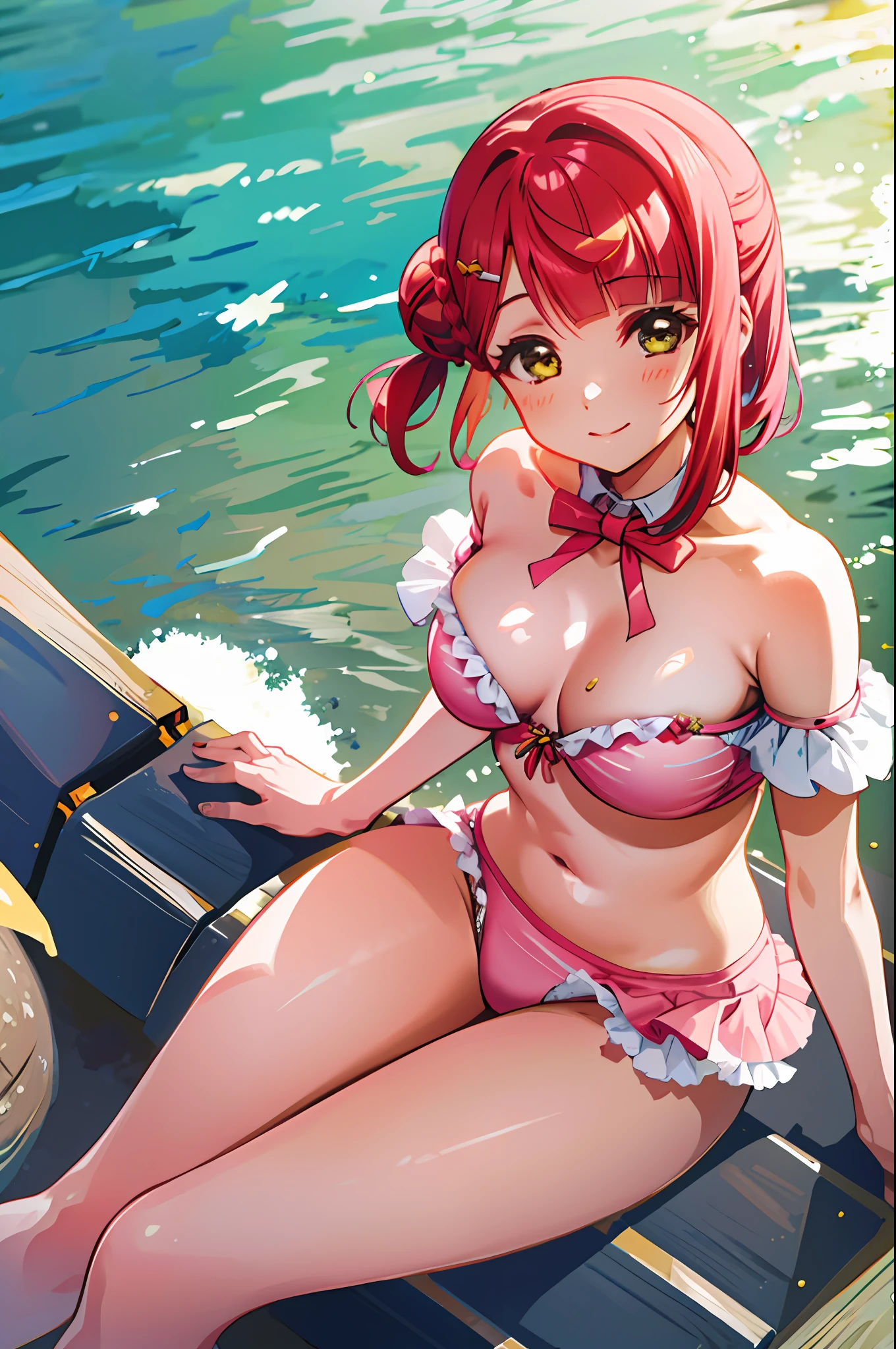 (masterpiece, best quality), illustration, ayumu, uehara ayumu, 1girl, solo, pink hair, yellow eyes, single side bun, braided bun, hairclip, smile, pink bikini, frilled bikini, sitting, ocean, water,