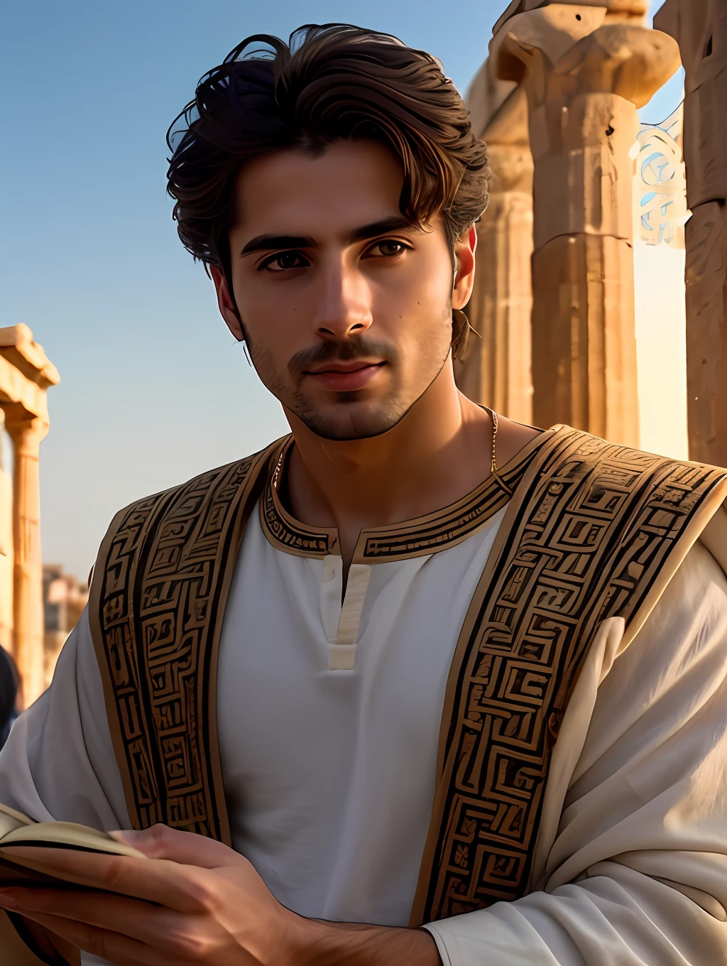 photo of an insanely handsome Greek man, honey eyes, short messy windy light brown hair, closeup zoomed in tight crop portrait, walking down a (street on an Ancient Greek island scene people:1.2) wearing a (tradicional ancient Greek clothing Chitons, Peplos, Chamis:1.3) (old books on his hand:1.3) (Lighting-Gold:1.2) foreground objects background details (masterpiece:1.2) (photorealistic:1.2) (bokeh:1.2) (best quality) (color grading) (detailed skin:1.3) (intricate) (8k) (HDR) (cinematic lighting:1.3) (sharp focus)