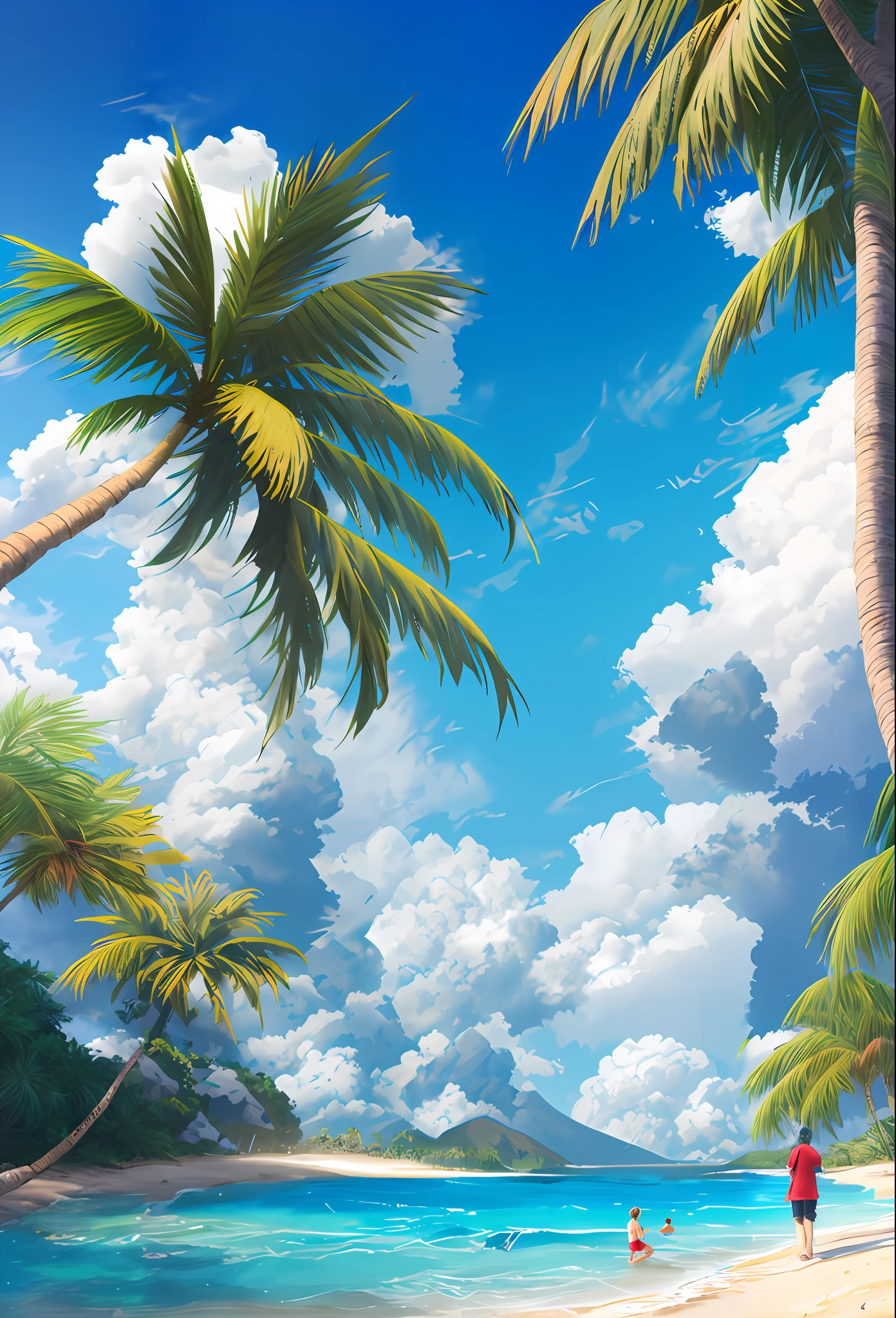 painting of a man walking on a beach with palm trees, anime background art, anime background, painted in anime painter studio, background art, background artwork, tropical atmosphere, anime clouds, beautifull puffy clouds. anime, island background, anime sky, low detailed. digital painting, tropical paradise, breezy background, sky forest background, anime landscape wallpaper