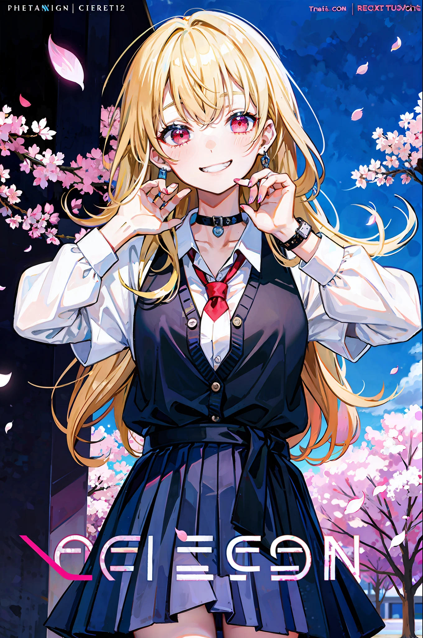 masterpiece, best quality, full body, 1girl, bangs, black choker, black necktie, blonde hair, blue skirt, blush, bracelet, breasts, choker, clothes around waist, collarbone, collared shirt, cowboy shot, dress shirt, ear piercing, eyebrows visible through hair, gradient hair, grin, gyaru, jewelry, kogal, long hair, looking at viewer, loose necktie, necktie, piercing, plaid, plaid skirt, pleated skirt, red eyes, ring, school uniform, shirt, skirt, smile, solo, white shirt, street, sky, cherry blossoms, petals,illustration, (magazine:1.3), (cover-style:1.3), fashionable, woman, vibrant, outfit, posing, front, colorful, dynamic, background, elements, confident, expression, holding, statement, accessory, majestic, coiled, around, touch, scene, text, cover, bold, attention-grabbing, title, stylish, font, catchy, headline, larger, striking, modern, trendy, focus, fashion,
