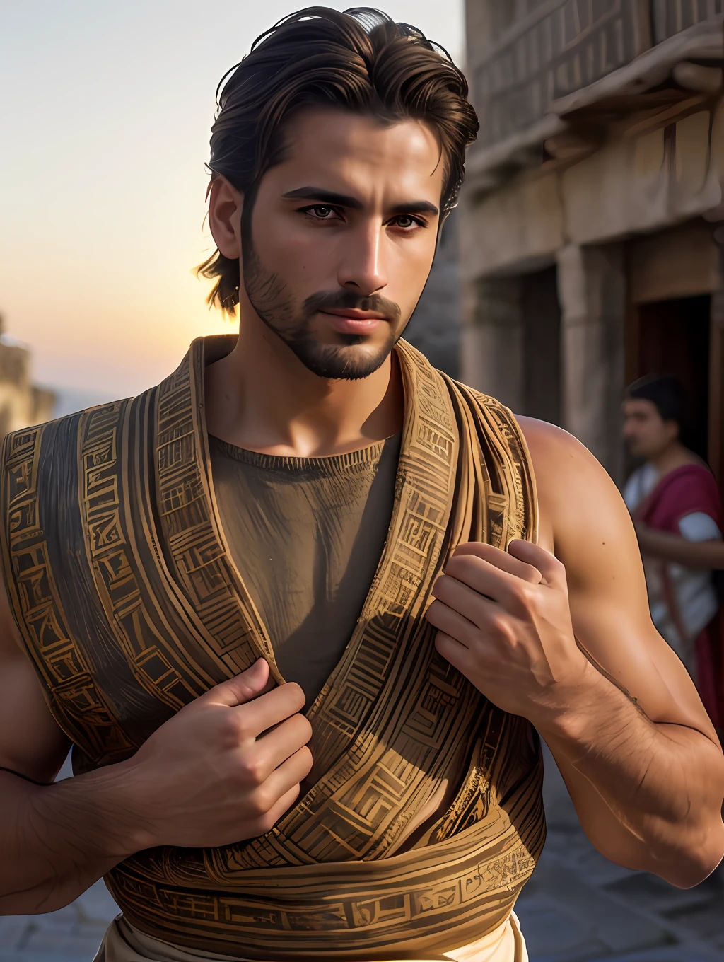 photo of an insanely handsome Greek man, honey eyes, short messy windy light brown hair, closeup zoomed in tight crop portrait, walking down a (street on an Ancient Greek island scene people:1.2) wearing a (tradicional ancient Greek clothing Chitons, Peplos, Chamis:1.3) (old books on his hand:1.3) (Lighting-Gold:1.2) foreground objects background details (masterpiece:1.2) (photorealistic:1.2) (bokeh:1.2) (best quality) (color grading) (detailed skin:1.3) (intricate) (8k) (HDR) (cinematic lighting:1.3) (sharp focus)