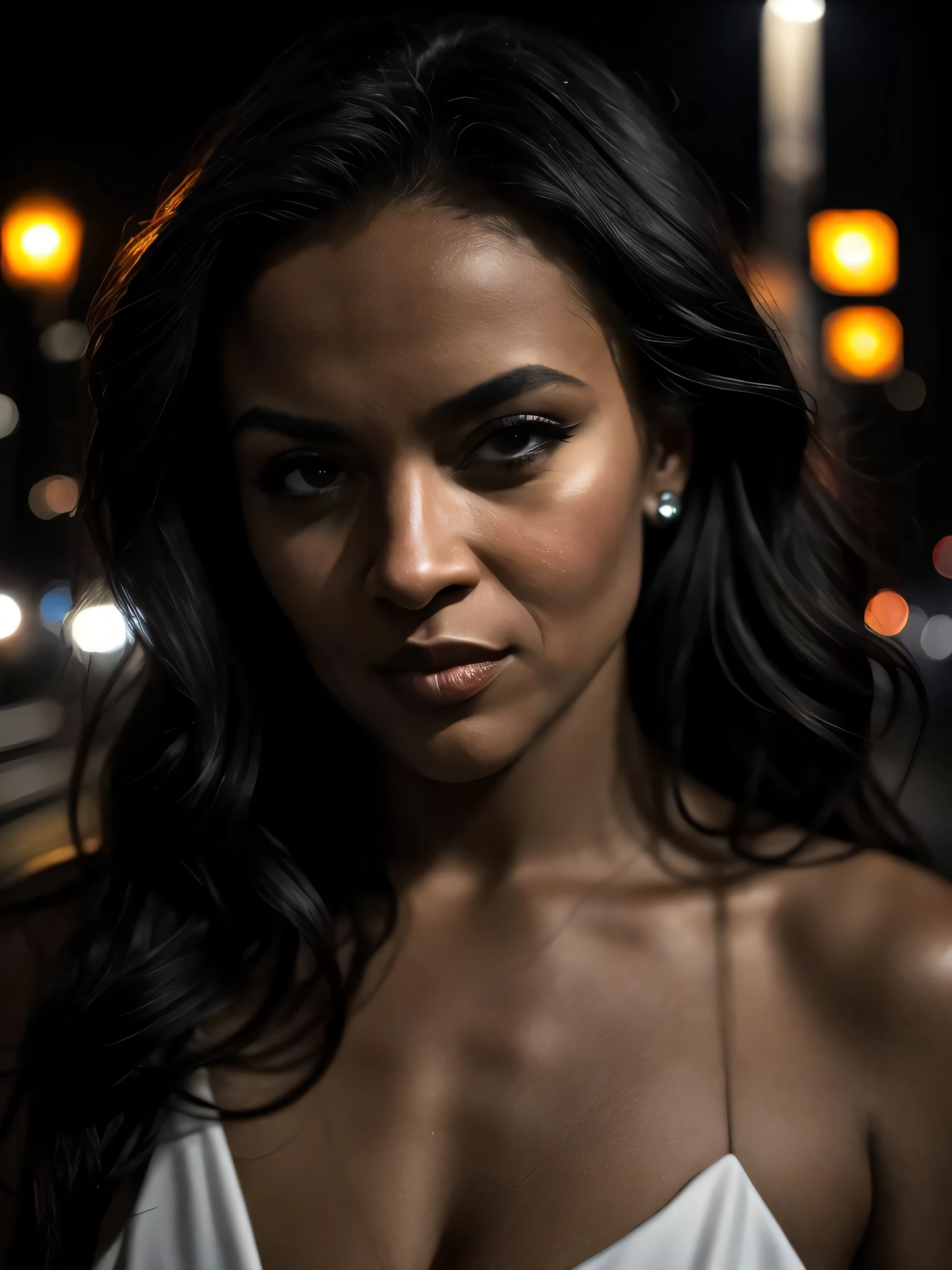 closeup of a woman, city street, nighttime, streetlight, asphalt, sultry, seductive, cold light