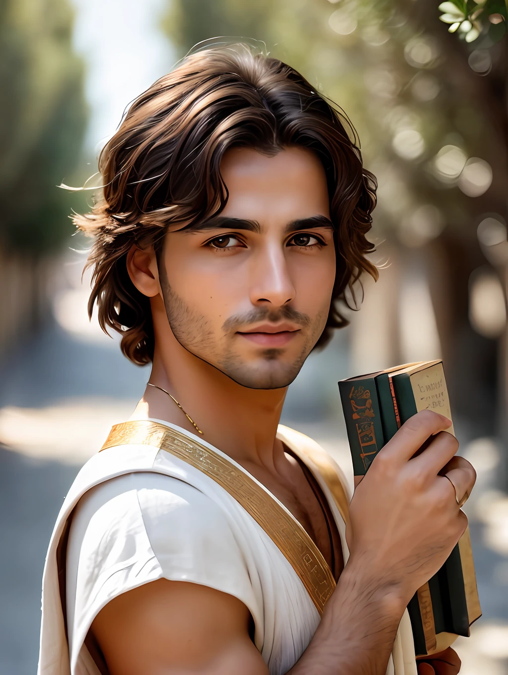 photo of an insanely handsome Greek man, honey eyes, short messy windy light brown hair, closeup zoomed in tight crop portrait, walking down a (street on an Ancient Greek island scene people:1.2) wearing a (tradicional ancient Greek clothing Chitons, Peplos, Chamis:1.3) (old books on his hand:1.3) (Lighting-Gold:1.2) foreground objects background details (masterpiece:1.2) (photorealistic:1.2) (bokeh:1.2) (best quality) (color grading) (detailed skin:1.3) (intricate) (8k) (HDR) (cinematic lighting:1.3) (sharp focus)