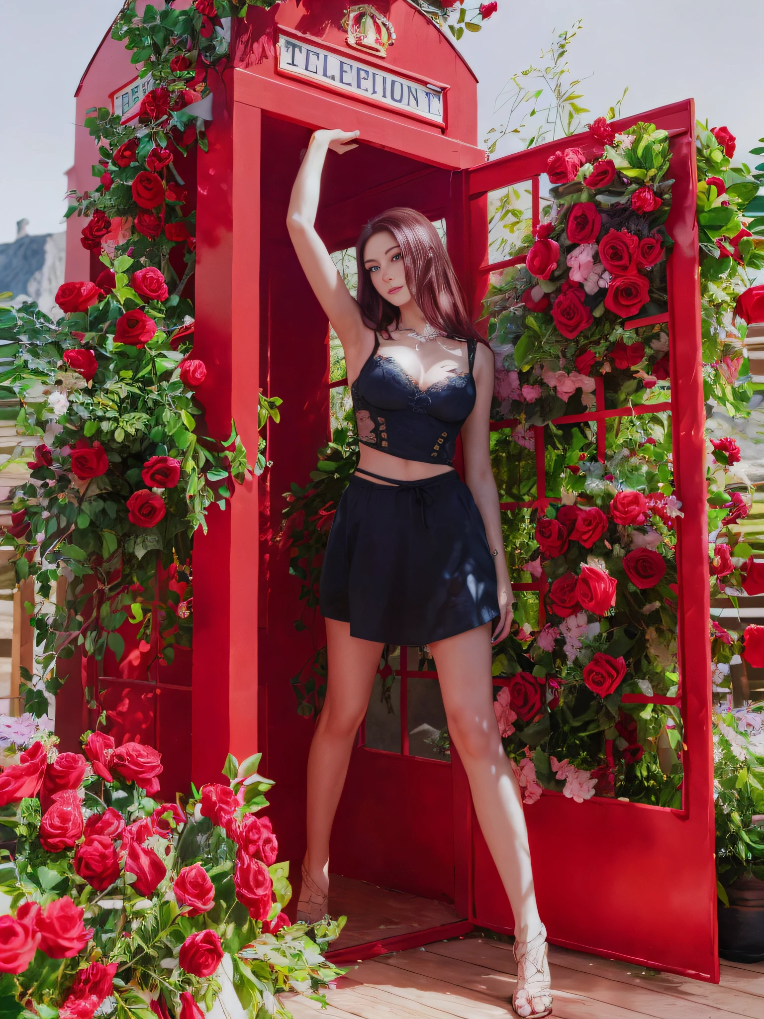 high quality fingers, normal hands, detailed fingers,masterpiece, (realistic, photo-realistic:1.37), (22 years old woman), katarina from league of legends, medium breast, small waist, dark red hair, blue eyes, beautiful face, perfect illumination, beautiful detailed eyes,looking at viewer, stunningly beautiful woman, detailed hairstyle, detailed background,shorts, detailed fantasy background, (sweat:1)