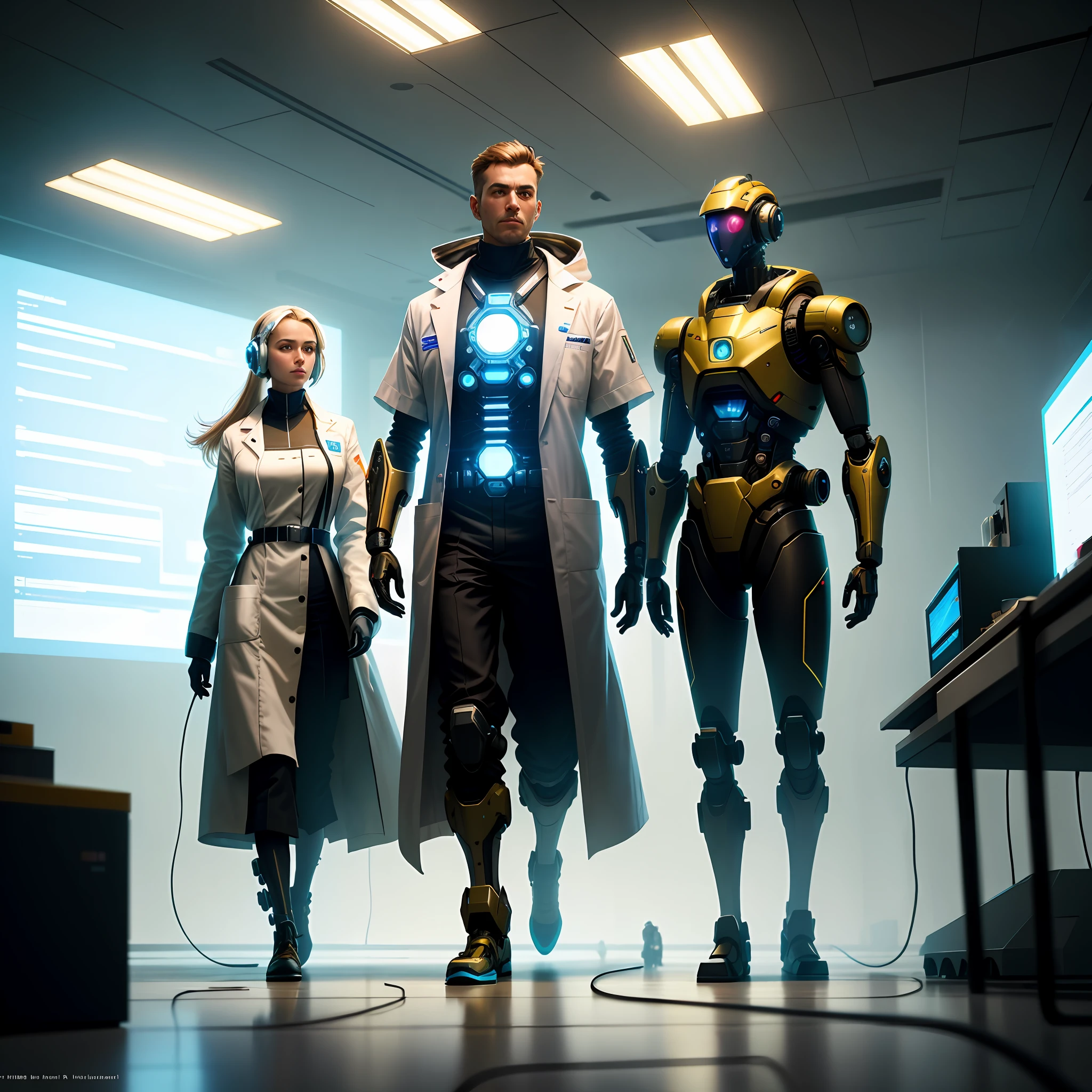 In a high-tech laboratory, a male scientist sits beside an advanced robot, engrossed in their collaborative work. The scientist wears a white lab coat, surrounded by intricate scientific equipment. The robot, with sleek, metallic design, stands tall and exudes an aura of intelligence. The scene is illuminated by a soft, diffused light, highlighting the details of the characters and their surroundings. The overall atmosphere is a harmonious blend of futuristic technology and scientific discovery. Artists: Wojciech Pijecki, Craig Mullins, artstation