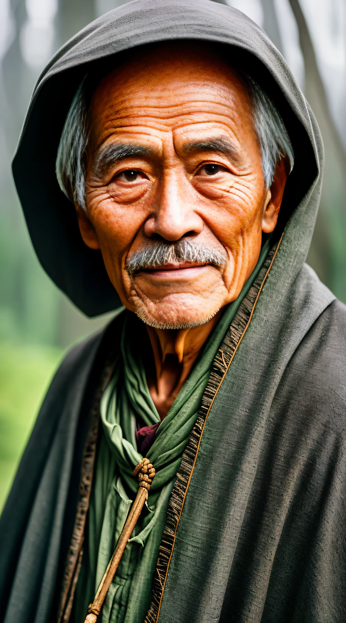 Portrait photography style, world masterpiece, super unique high professional digital art, film format, hyper-realism, color cinematography with ultra-fine details and quality, background is deep in the forest, an old man in rural China, an old man with wisdom. He wears an old cloak and his eyes are kind and shrewd. His skin has been blackened and powerful by the sun and rain, and the wrinkles are fixed on the corners of his mouth and forehead, making it seem that his years have precipitated. Although wearing a dark gown, although simple in appearance, it exudes sublime wisdom and a sense of tenacity of strength.