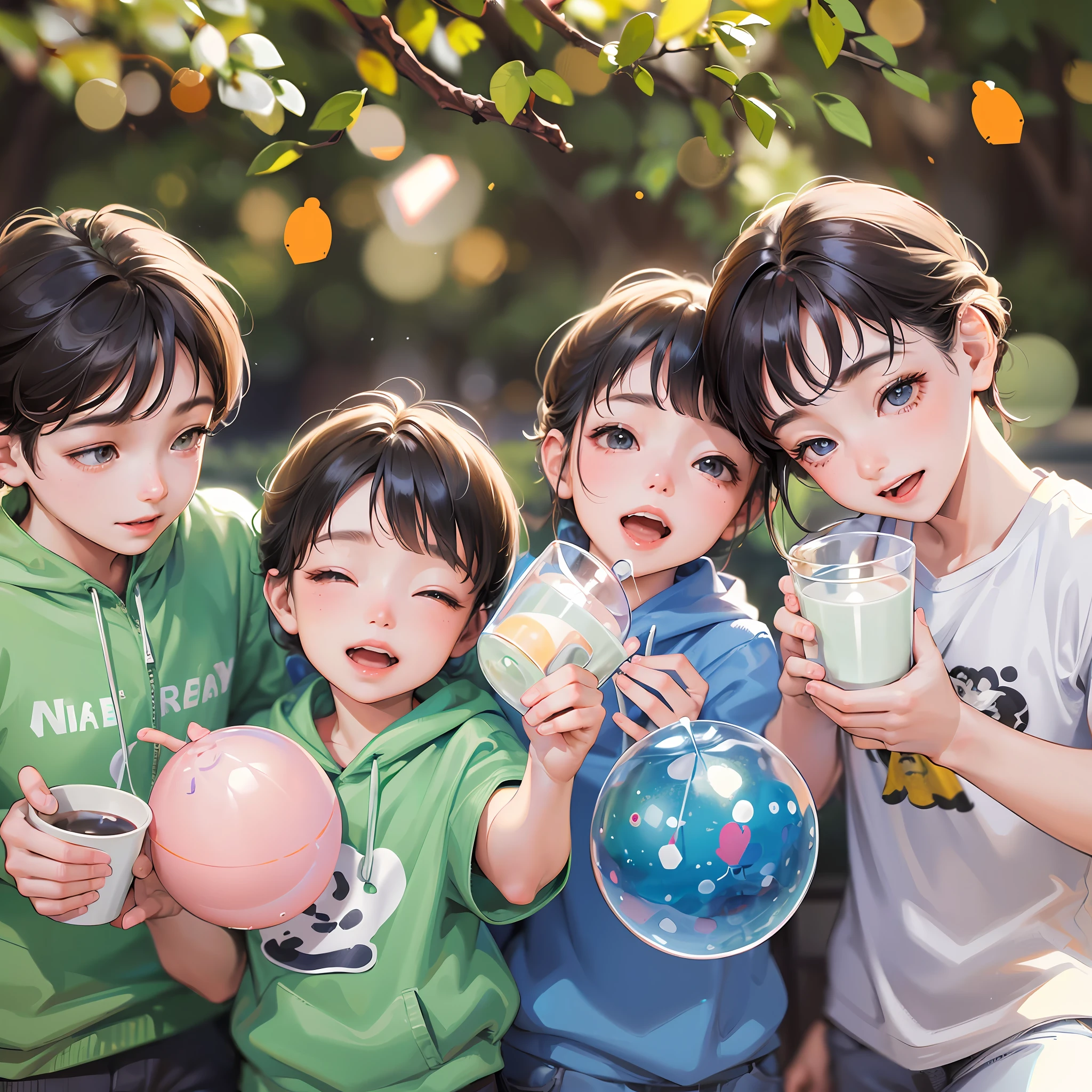 A group of children, their own yard, many balloons, a group of s drinking milk, happy, perfect quality, clear focus (clutter - home: 0.8), (masterpiece: 1.2) (Realistic: 1.2) (Bokeh) (Best quality) (Detailed skin: 1.3) (Intricate details) (8K) (Detail Eyes) (Sharp Focus), (Happy) --auto --s2