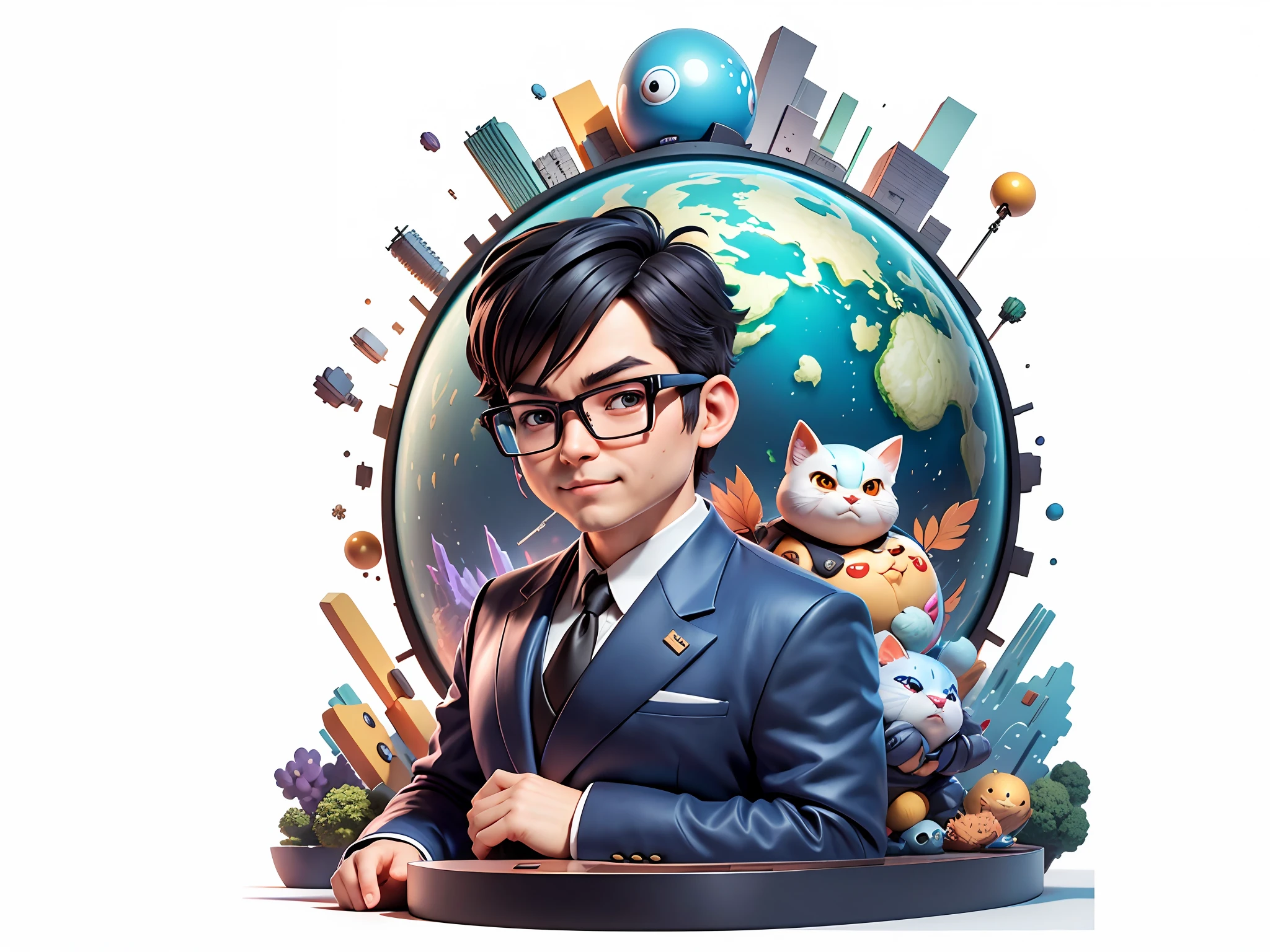 Masterpiece), (Excellent), (Super Meticulous), (Full Body: 1.2), Super Young Woman, Beautiful, Sexy, Bursting, Oriental Face, TV Anchor, Bust Portrait Illustration, Alone, Black Suit, Blue Tie, Silver Glasses, Slightly Chubby Face, Very Clean Face, No Beard, Black Super Short Hair, Black Eyes, Confident Smile, 3c Computer Sub-Products, iPad, iPhone, Digital Painting, 3D Character Design by Akira Toriyama with Mark Claireden and Pixar and Hayao Miyazaki, The illustration is a high-definition illustration in 4K resolution with very detailed facial features and cartoon-style visuals.