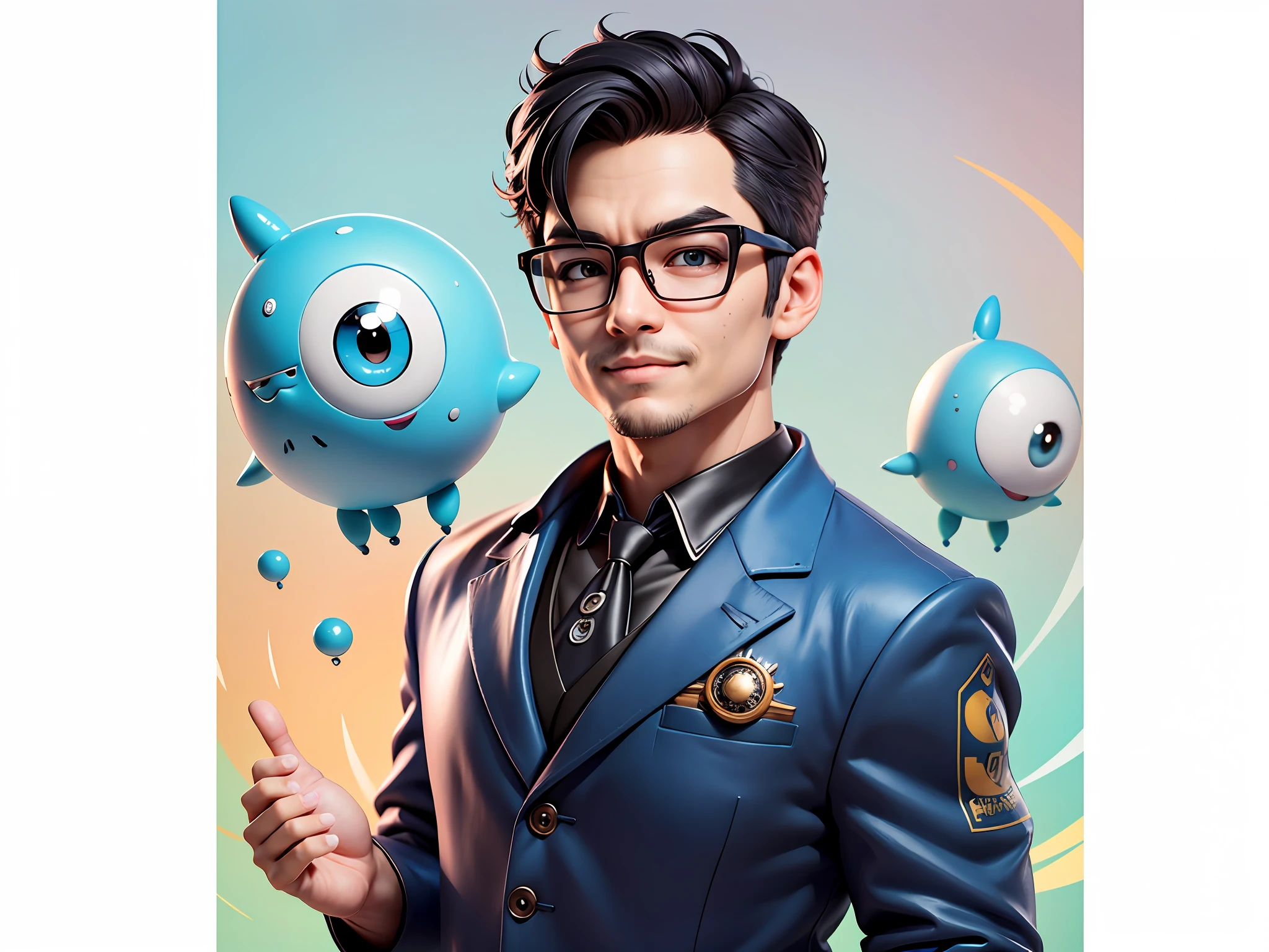 Masterpiece), (Excellent), (Super Meticulous), (Full Body: 1.2), Super Young Woman, Beautiful, Sexy, Bursting, Oriental Face, TV Anchor, Bust Portrait Illustration, Alone, Black Suit, Blue Tie, Silver Glasses, Slightly Chubby Face, Very Clean Face, No Beard, Black Super Short Hair, Black Eyes, Confident Smile, 3c Computer Sub-Products, iPad, iPhone, Digital Painting, 3D Character Design by Akira Toriyama with Mark Claireden and Pixar and Hayao Miyazaki, The illustration is a high-definition illustration in 4K resolution with very detailed facial features and cartoon-style visuals.