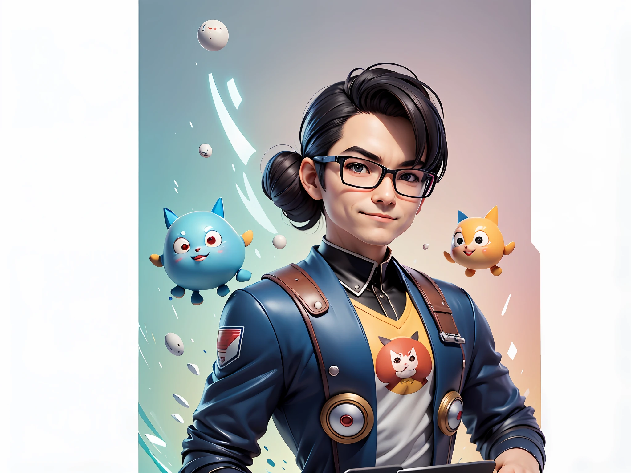 Masterpiece), (Excellent), (Super Meticulous), (Full Body: 1.2), Super Young Woman, Beautiful, Sexy, Bursting, Oriental Face, TV Anchor, Bust Portrait Illustration, Alone, Black Suit, Blue Tie, Silver Glasses, Slightly Chubby Face, Very Clean Face, No Beard, Black Super Short Hair, Black Eyes, Confident Smile, 3c Computer Sub-Products, iPad, iPhone, Digital Painting, 3D Character Design by Akira Toriyama with Mark Claireden and Pixar and Hayao Miyazaki, The illustration is a high-definition illustration in 4K resolution with very detailed facial features and cartoon-style visuals.