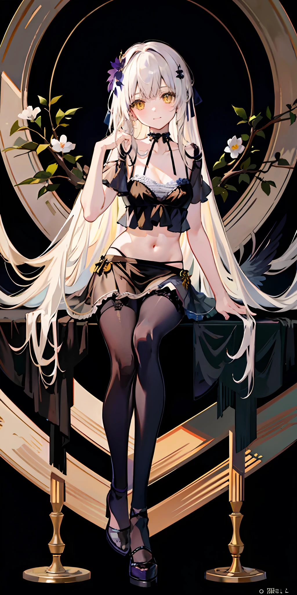 (Highest picture quality), (Master's work),(Detailed eyes description),(Detailed face description), 1girl, shiina mahirum yellow eyes, belt,crow, black cape ,black pantyhose, lingerie, navel, medium breasts,feather hair ornament,dark forest ,white lingerie, white panties, lace panties, hair flower, hair ornament, hand on leg, looking at viewer ,black pantyhose,((see-through)),sitting in tree, branch,underwear, light smile, night, full body, full moon, crow, choker, collarbone