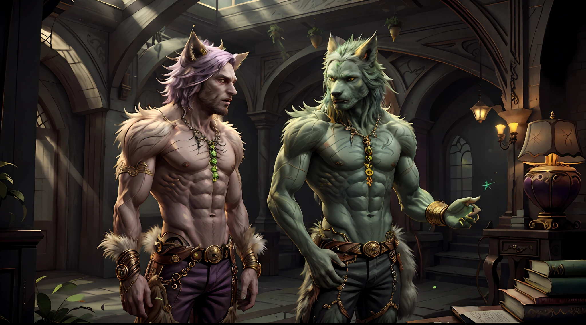 Concept Art, "1 Couple, Handsome Boy", an ultra-detailed and stunningly beautiful CG illustration depicting a sultry green man-wolf with purple hair, sharp green eyes, standing tall in shorts. Gorgeous green fur and yellow dotted on the belly, tail and fur, this animal-like beauty exudes sensuality in every pose, breathtaking rendering, within radiant connections, multiplayer interaction, magical elements, gorgeous, casting colorful spells, bright flashes,