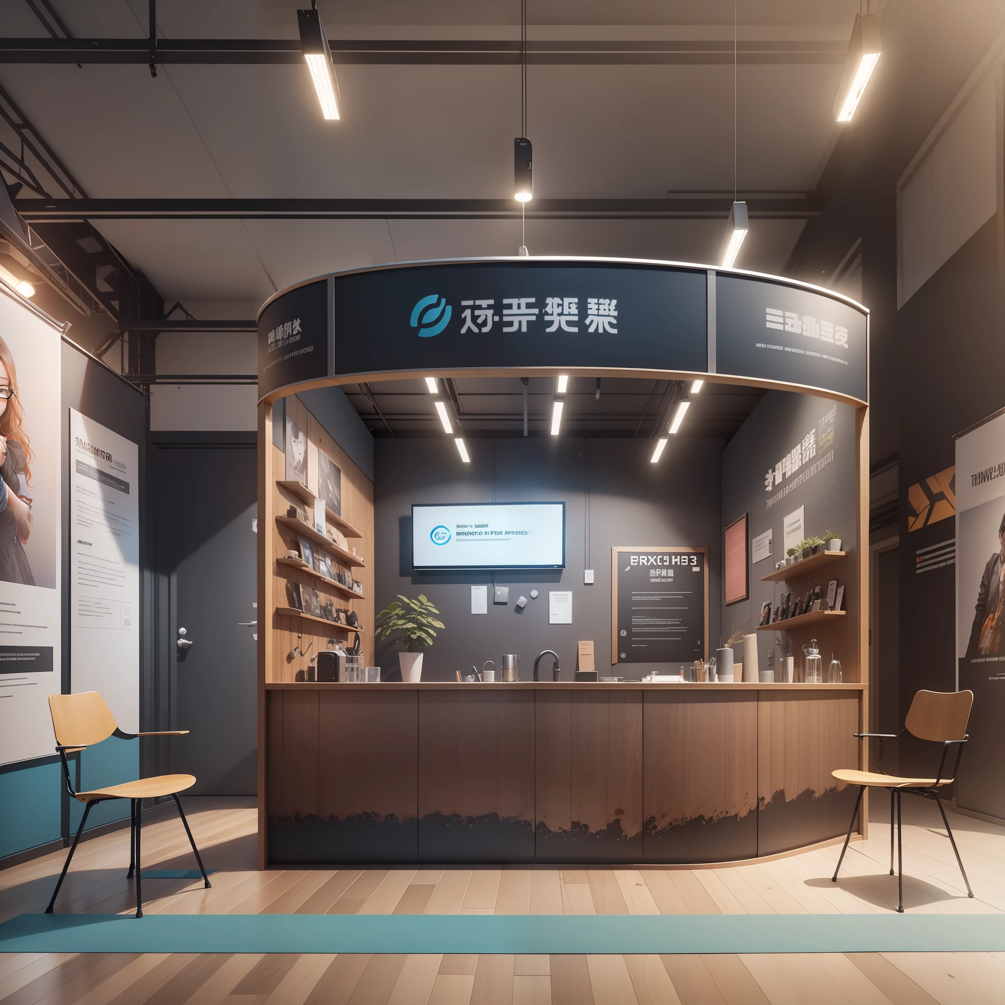 a close up of a trade show booth with a table and chairs, exhibition hall lighting, exhibition display, exhibition, booth. pm, 2 d cg, cg artist, jinyiwei, cg rendering, displayed in the exhibition hall, show room scene, clean digital render, 3d cg, 3 d cg, photograph of 3d ios room, zmonzheng