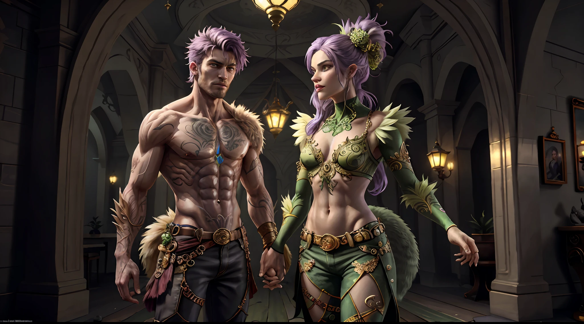 Concept Art, "1 Couple, Handsome Boy", an ultra-detailed and stunningly beautiful CG illustration depicting a sultry green man-wolf with purple hair, sharp green eyes, standing tall in shorts. Gorgeous green fur and yellow dotted on the belly, tail and fur, this animal-like beauty exudes sensuality in every pose, breathtaking rendering, within radiant connections, multiplayer interaction, magical elements, gorgeous, casting colorful spells, bright flashes,