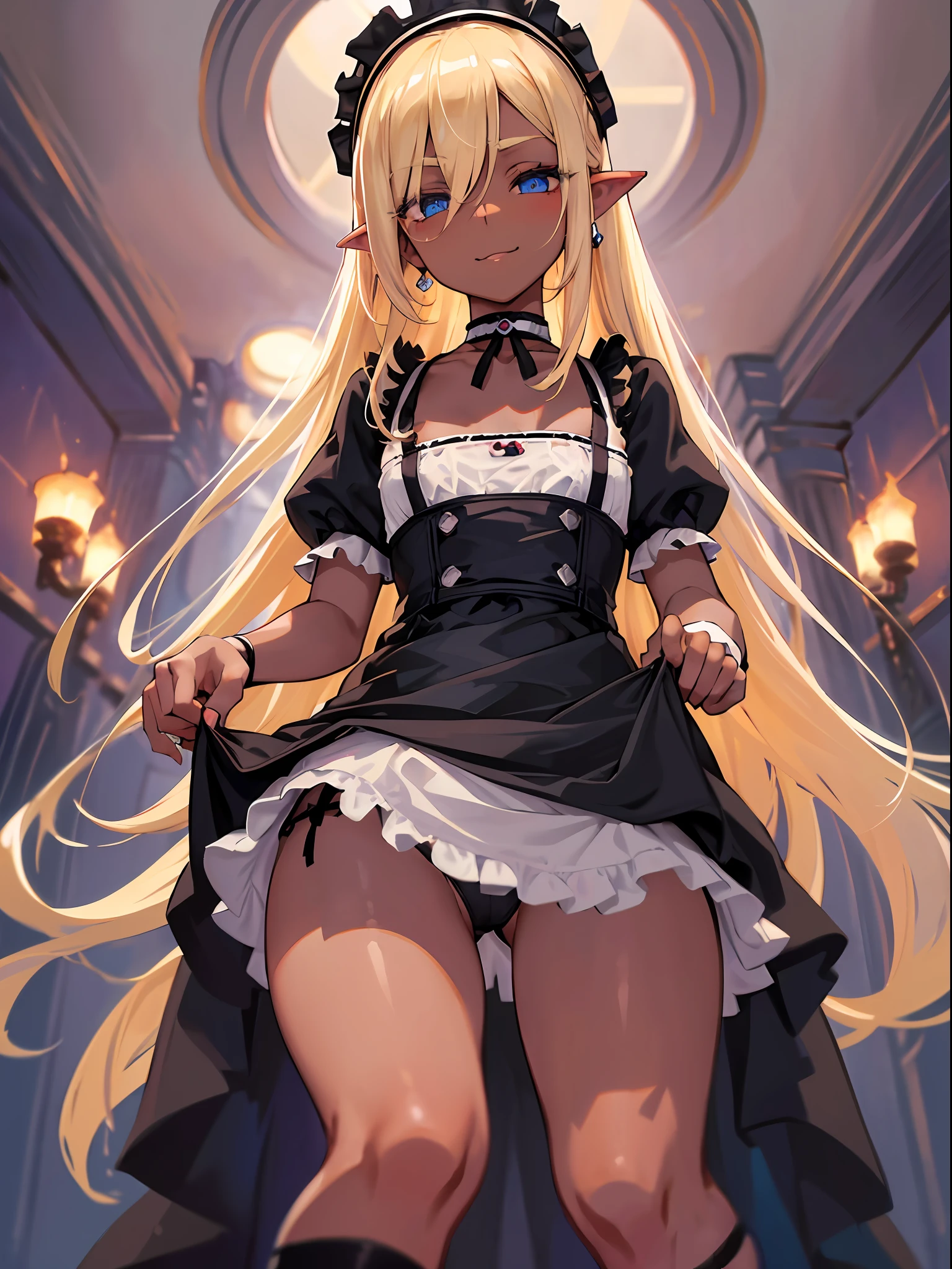 Western, indoors, stunningly beautiful girl, petite and seductive blue eyes, blonde, blush eyeshadow, dark eyelashes, (flat chest), shallow depth of field, , blonde hair, (dark skin, black panties, erotic expression, smile), looking at the camera, on the big bed, ((standing knees, from below, focusing soles, hair over one eye)), Half-closed eyes,dark elf, ridiculous long hair,((edwardian maid)), headband, apron dress, pierced ears, long skirt, choker, blue eyes, detailed eyes, long bangs, very long side hair, super delicate, (best quality, very detailed: 1.25), petite girls, girls, black shorts, black tights,garter belt, Knee-high