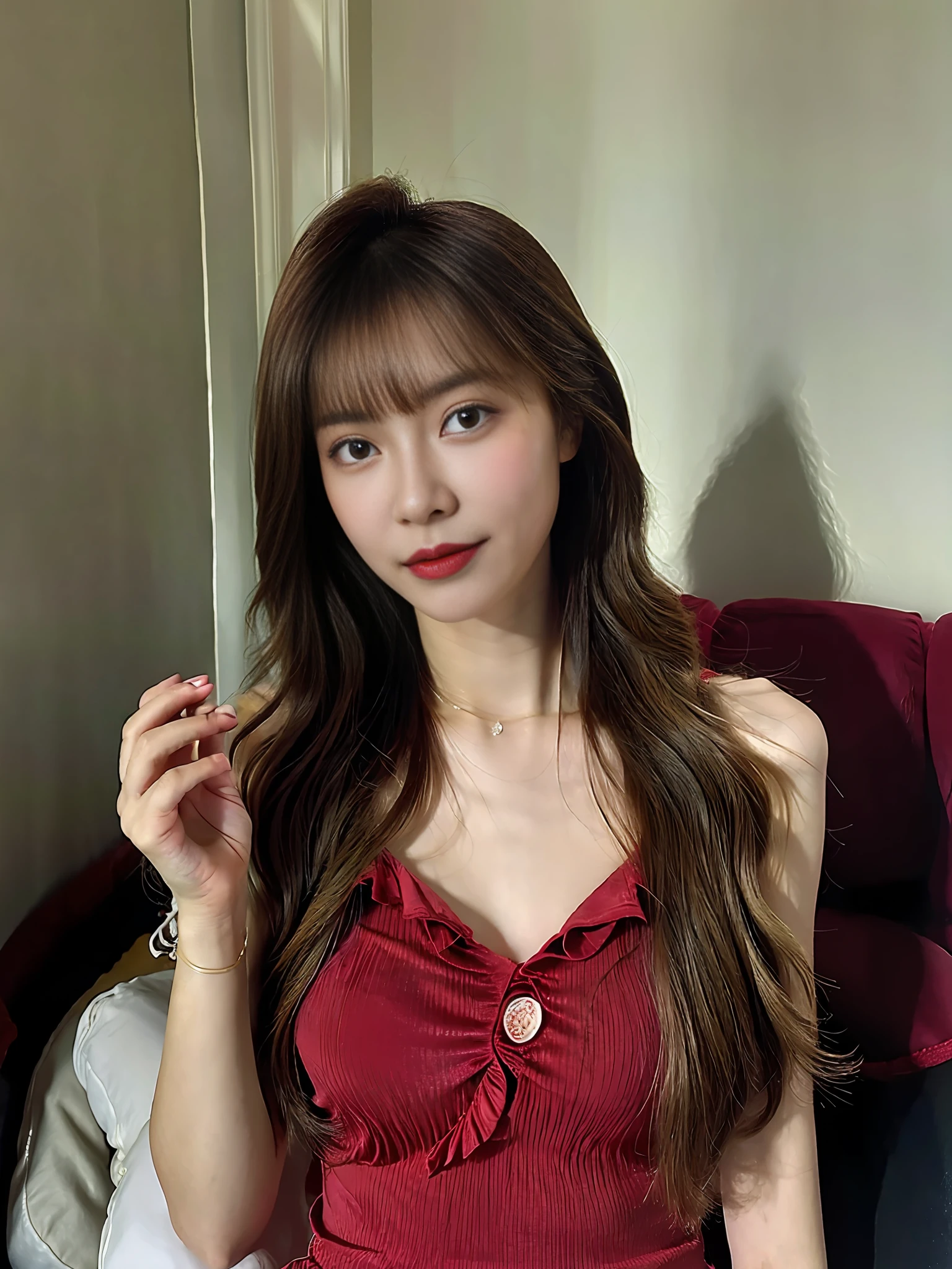 Ace, 4k, High Resolution, Masterpiece, Best Quality, Head: 1.3, (Korean K-pop Idol), Fine Skin, Sharp Focus, (Cinema Lighting), Clavicle, Morning, Soft Light, Dynamic Angle, [: (detailed face:1.2):0.2], armpit wrinkles, thigh gap, red dress, slim, mid-chest, cleavage, full body,