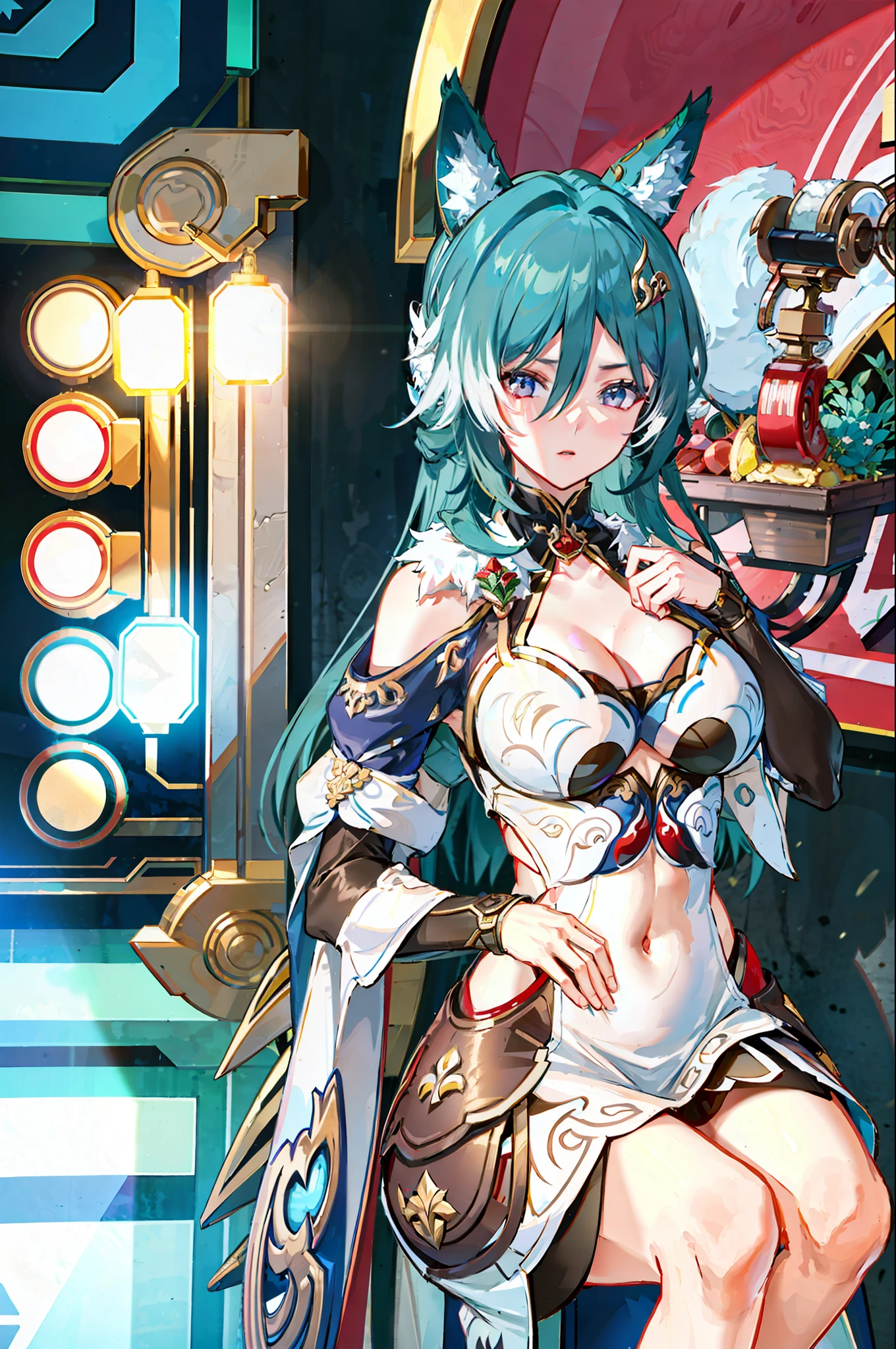 Highest quality, outstanding details, ultra-high resolution, (realism: 1.4), best illustrations, favor details, close-up, a mecha girl with a delicate and beautiful face, ((red and white semi-mechanical body: 1.8)), (big breasts: 1.2), sexy, belly button, cleavage, background is a high-tech lighting scene of the future city, perfect detail rendering, octane rendering, ultra HD