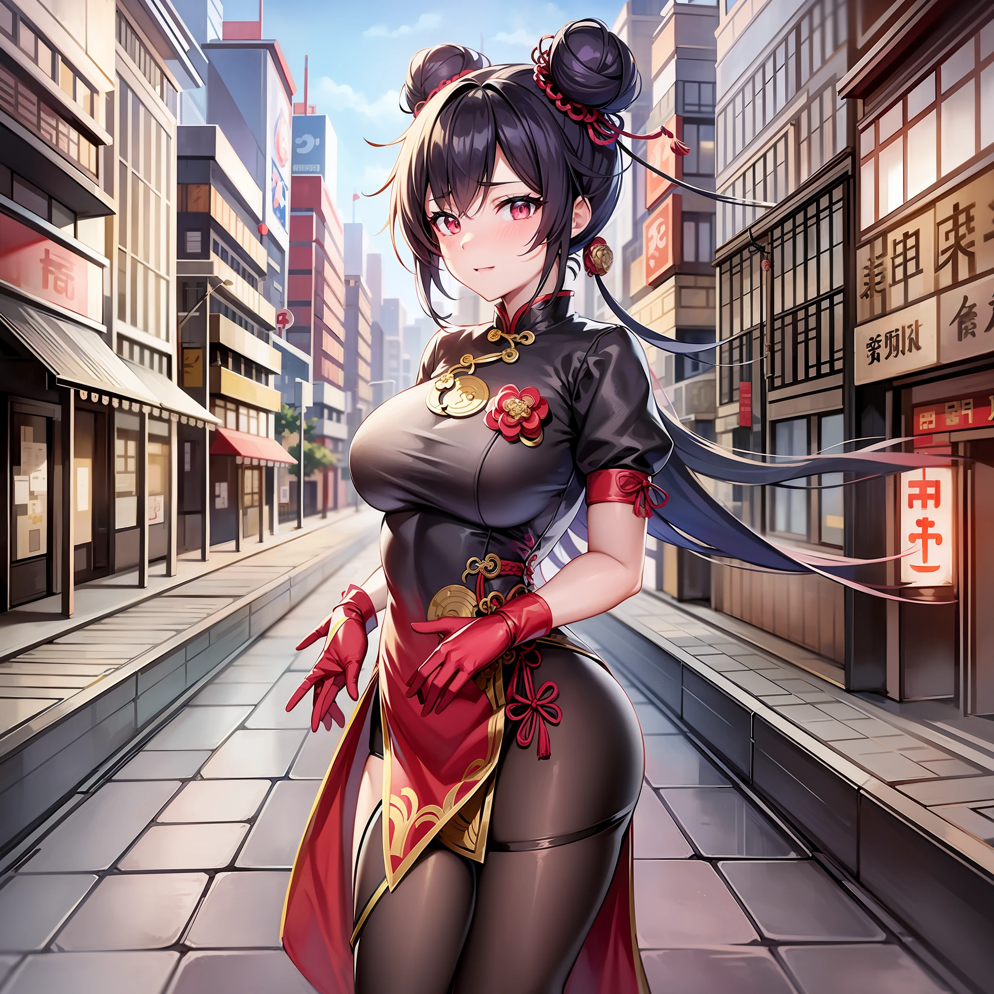 Anime girl in Chinese style costume posing on city street, cheongsam, bun hair, best anime 4K Konachan wallpaper, trending on CGSTATION, anime style 4K, trending on art station pixiv, seductive anime girl, Sitao, Gwise from pixiv art station, girls from Frontline