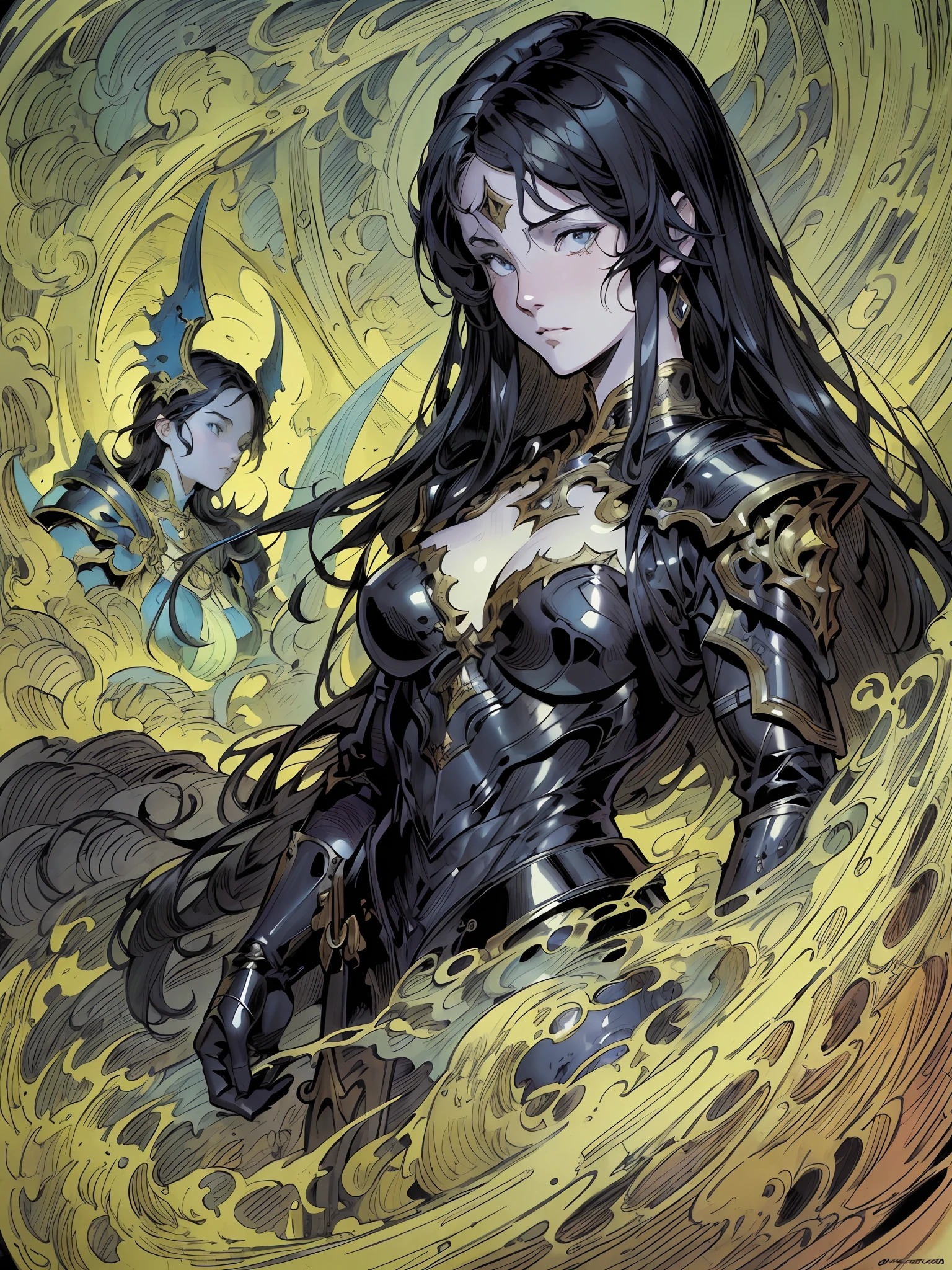 (masterpiece, best quality, ultra high res:1.2), print, flat color, highly detailed, fantasy illustration, (by the artist that rebecca guay:1.4), 1girl, black hair, (black armor), undead, ghosts, wraiths, night, dark theme, visually stunning, beautiful, award-winning art