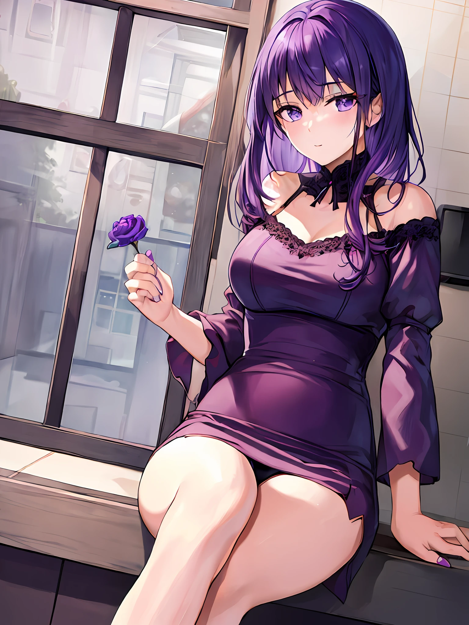 ((Best Quality, 8K, Masterpiece: 1.3)), mature and charming woman,Purple hair,Come out of the bathroom,foot,Underwear,