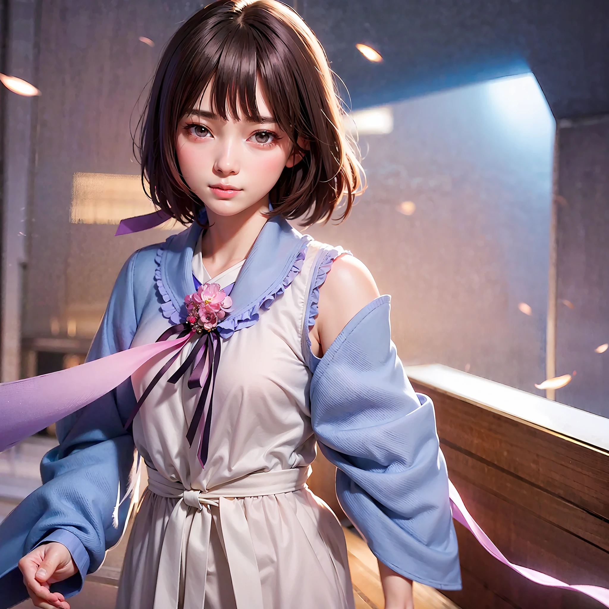 masterpiece, best picture quality, high quality, beautiful girl, Japanese, Japanese school girl, popular Korean makeup, detailed, swollen eyes, detailed eyes, detailed skin, beautiful skin, ultra high resolution, (reality: 1.4), very beautiful, slightly younger face, beautiful skin, slender, (ultra realistic), (illustration), (high resolution), (8K), (highly detailed), (best illustration), (beautifully detailed eyes), (super detailed), (wallpaper), (detailed face), looking at viewer, fine details, detailed face, pureerosfaceace_v1, smiling, facing straight ahead, light purple school girl uniform, ribbon shaped pink tie, short hair, facing straight ahead facing, angle from waist up, realistic photo, bright lighting, professional lighting, brown hair, background gymnasium, background color light blue,神原駿河、