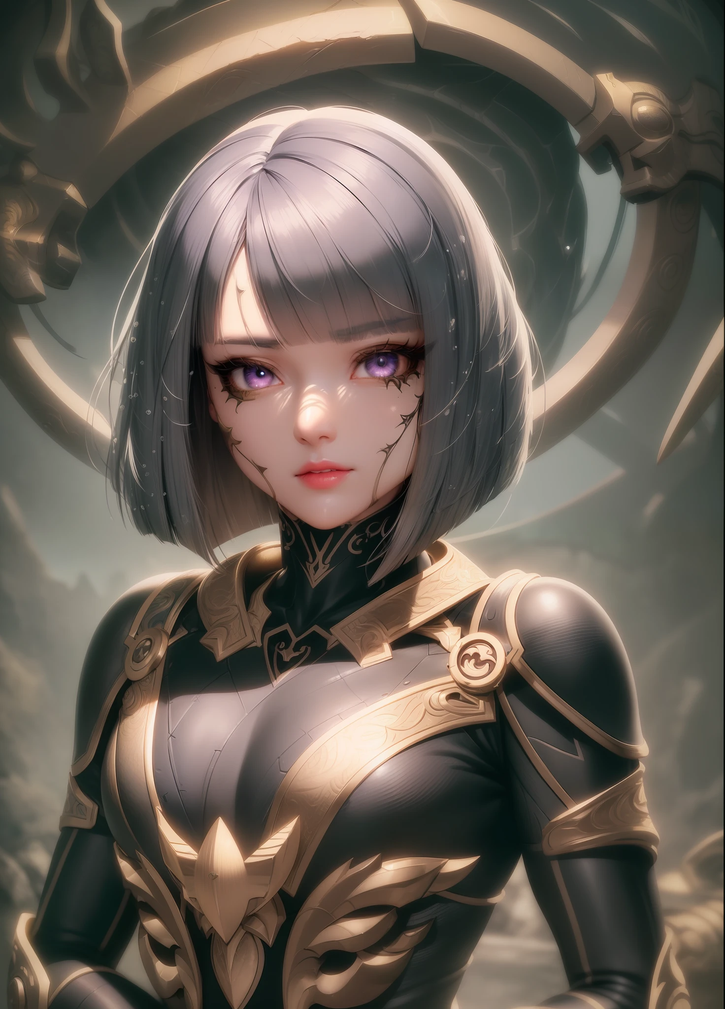 Beauty anime girl /// (Character) wearing a highly & extremely detailed combat body suit with scarf, pearly perfect detailed wet skin with pores, face sharp focus, detailed hair, intricate details and sharp, masterpiece, global illumination, real shadow, bokeh, best quality, photorealistic, realistic, 8k ((short bob cut hair with colorful bangs fringes)), complete perfect red lips, eyelashes, ((detailed intricate iris textured face in ZBrush)), developed by Unreal Engine 5, vibrant & intricate Artwork, golden Ratio, epic, correct beautiful eyes