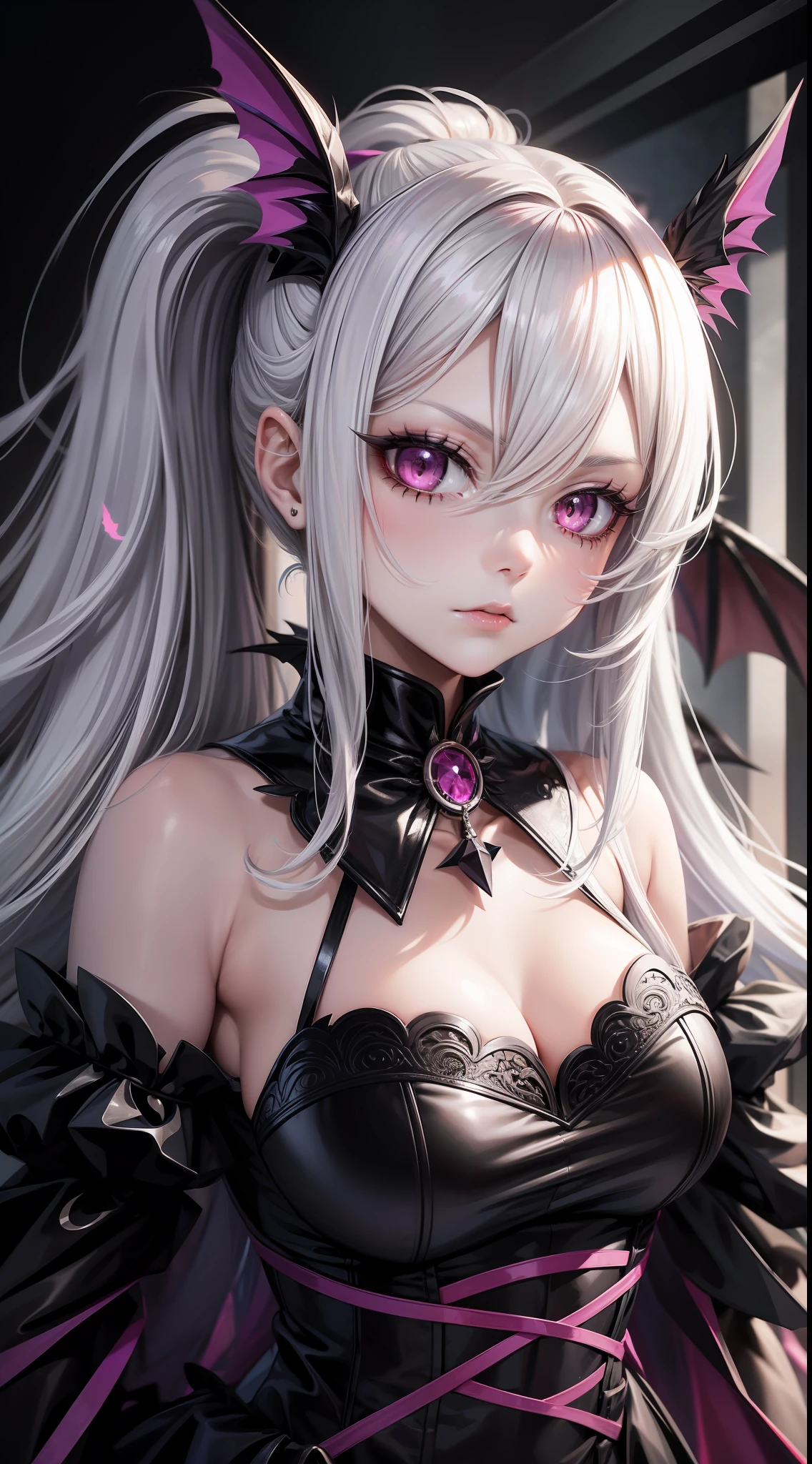 Adult girl, long white hair, high ponytail, pink eyes, bat wings, black rich dress, anger, masterpiece, high quality