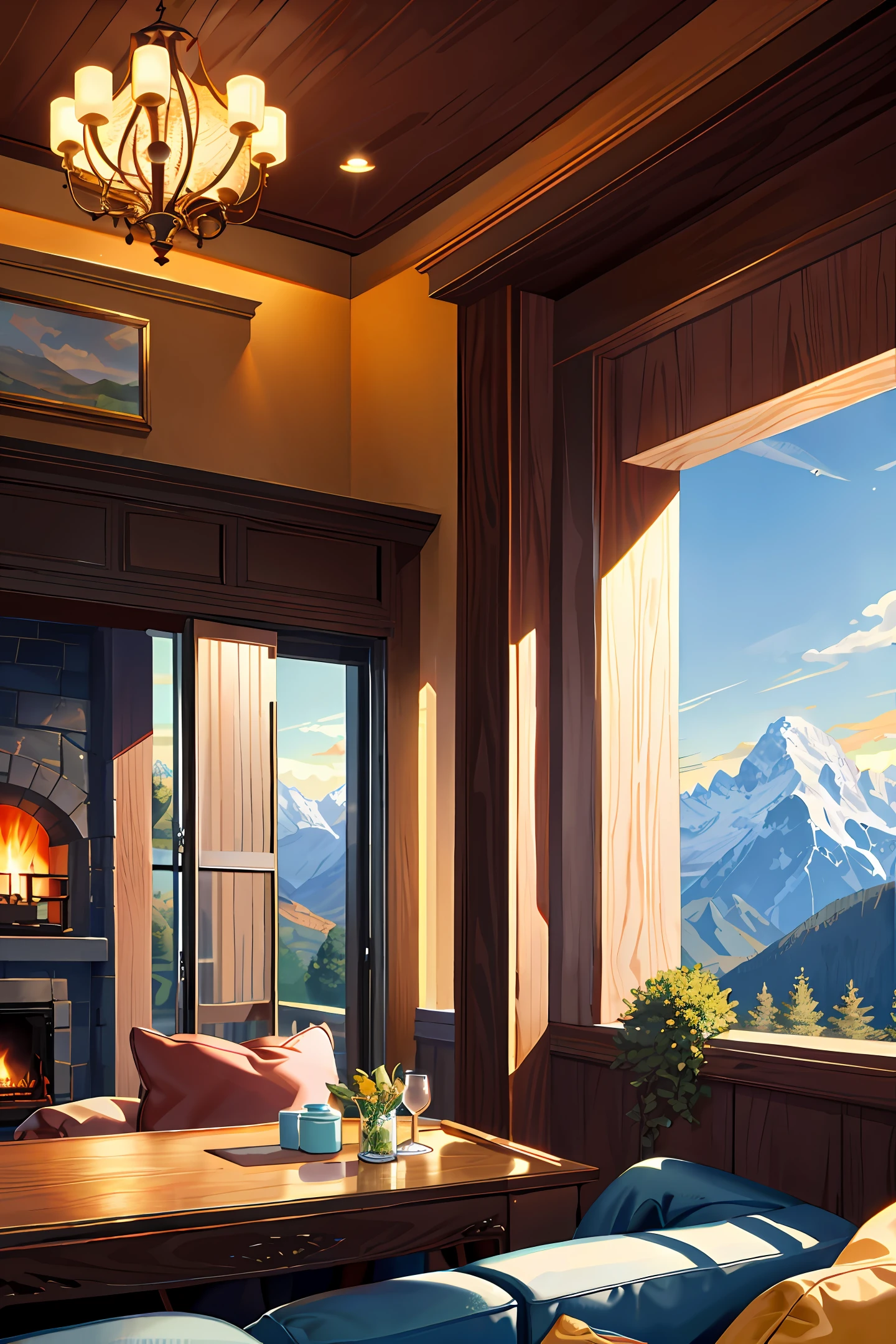The lounge of a very cozy cafeteria with fireplace cozy decoration pleasant climate relaxing with a glass wall overlooking a landscape with mountains