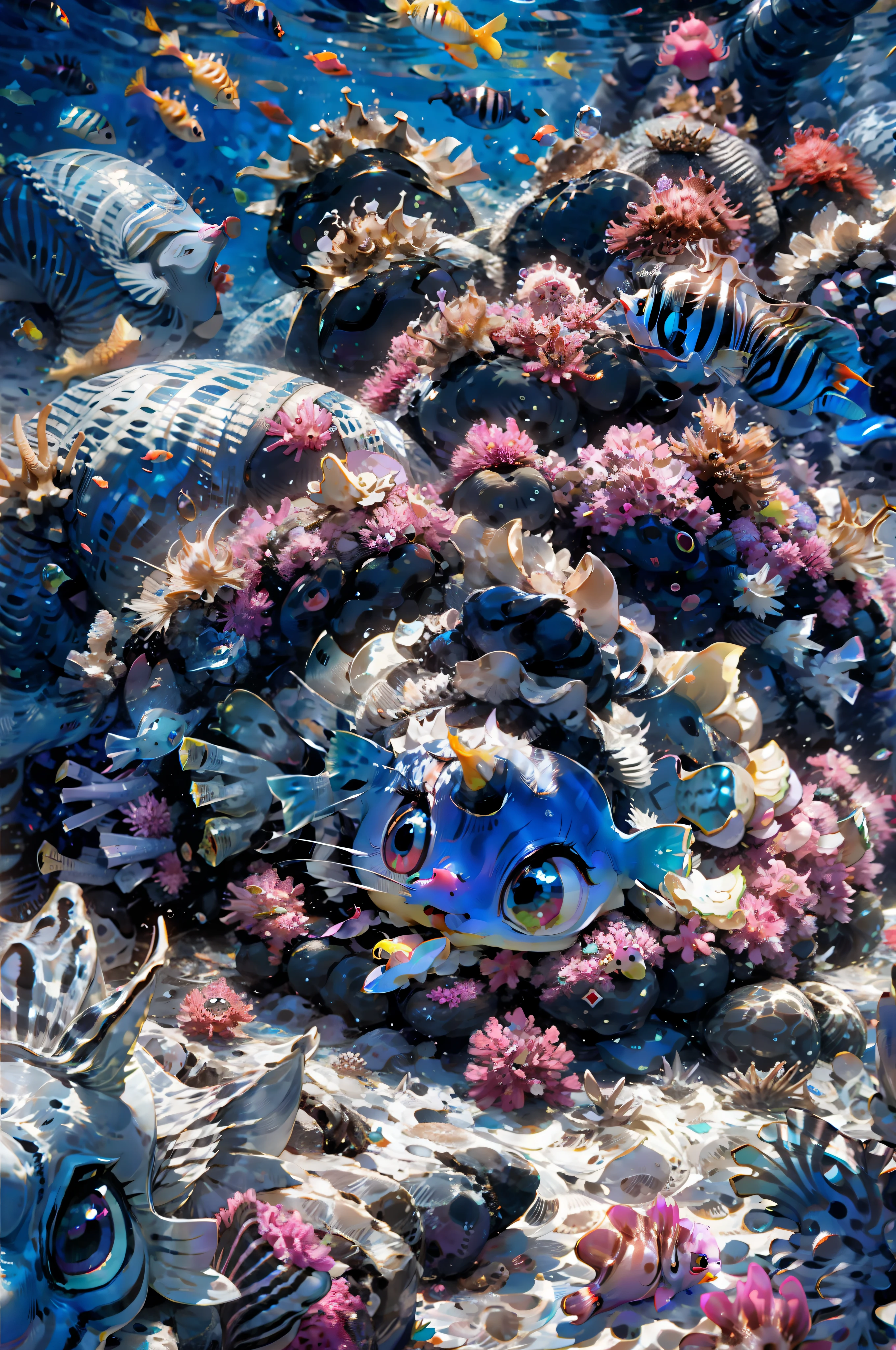 cute kawaii (sea slug:1.3), underwater, bright, landscape, seabed, marine life, (no human), (no humans), (non-human)