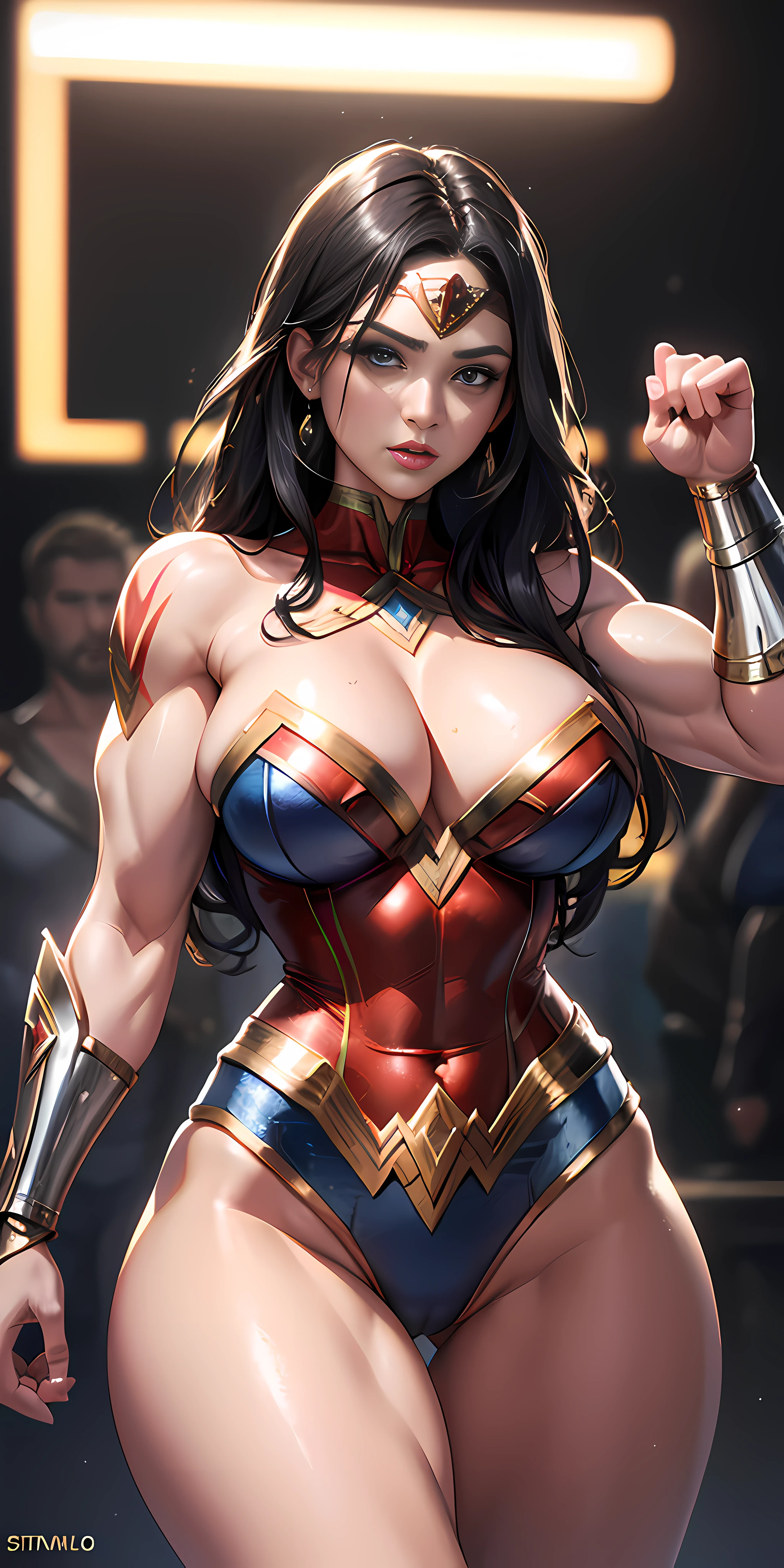 (Sexy Wonder Woman outfit: 1.6), (Black suit: 1.1), ((highest quality)), ((Masterpiece)), (detail), training room background with ultra muscular warriors in the background, (high resolution: 1.3) 1girl's photo, (Black outfit: 1.1), bodybuilder dressed as Wonder Woman, ((intricate details, makeup), (beautiful face, perfectly proportioned face), high detail skin, thick skin, better proportions four fingers and one thumb, strong and realistic light violet eyes, realistic black hair, lips, makeup, natural skin texture, tiara, bullet-resistant cuffs, slightly sunburned skin tone, massive, sexy, elastic muscles (muscles: 2.5), ((strong and healthy body)), ((more) muscles))), long legs, curves, thick and very muscular thighs, wide buttocks, thick legs, (large breasts: 1.99), slim waist, soft waist, (detailed skin), (shiny skin), (beautiful and sexy woman), (swollen lips: 0.9), (eyelashes: 1.2), scary muscle size with big veins), excited, very detailed, full head, full body, whole legs, full arm (highly detailed CG integration, 8k wallpaper), high detail, realistic, sharp focus, cinematic, in a Viking training center, at night lit with torches, --auto --s2