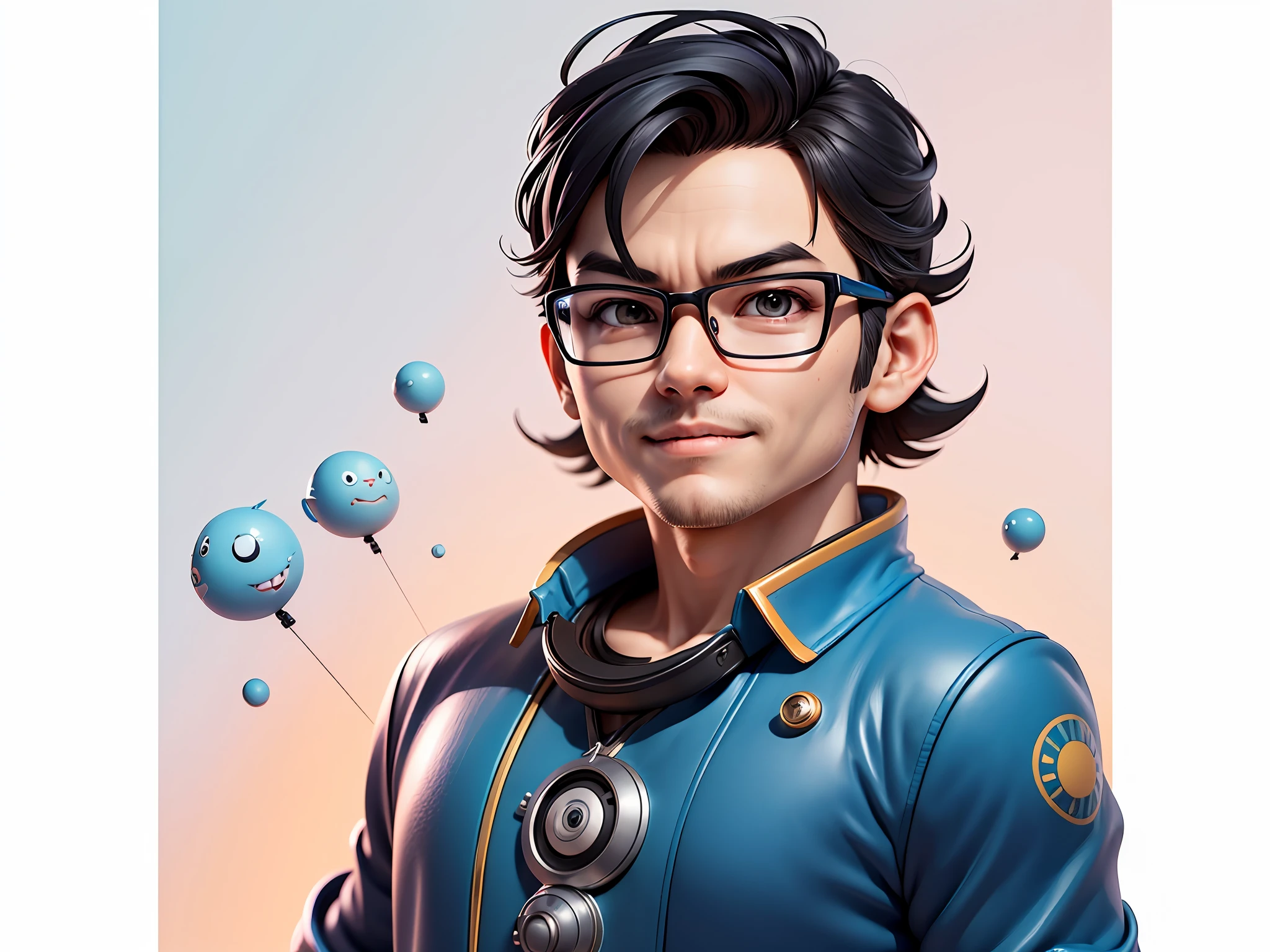 Masterpiece), (Excellent), (Super Meticulous), (Full Body: 1.2), Super Young Woman, Beautiful, Sexy, Bursting, Oriental Face, TV Anchor, Bust Portrait Illustration, Alone, Black Suit, Blue Tie, Silver Glasses, Slightly Chubby Face, Very Clean Face, No Beard, Black Super Short Hair, Black Eyes, Confident Smile, 3c Computer Sub-Products, iPad, iPhone, Digital Painting, 3D Character Design by Akira Toriyama with Mark Claireden and Pixar and Hayao Miyazaki, The illustration is a high-definition illustration in 4K resolution with very detailed facial features and cartoon-style visuals.