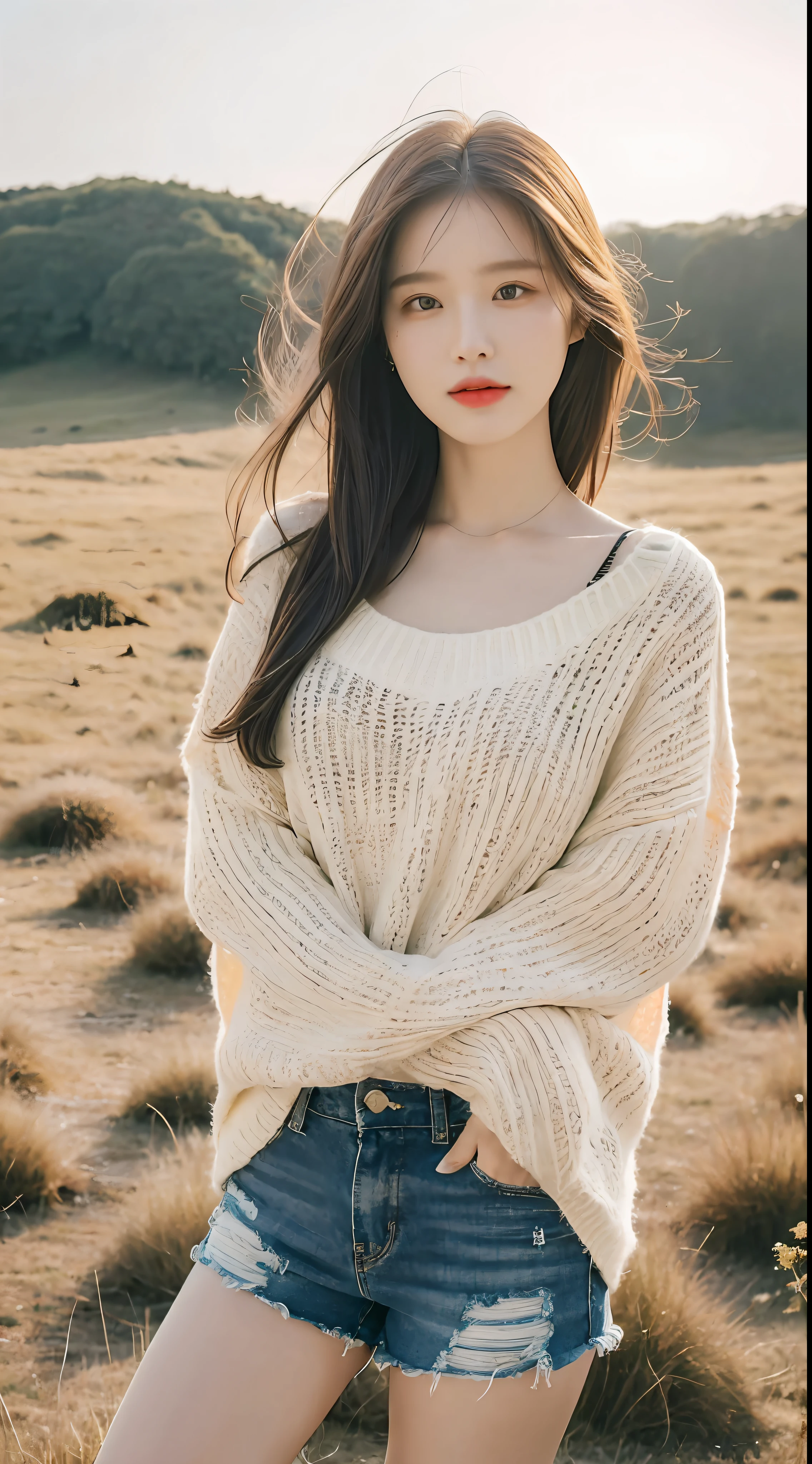 ((Best Quality, 8K, Masterpiece: 1.3)), (Focus: 1.2, Perfect Body Beauty: 1.4, Buttocks: 1.2, (Layered Haircut: 1.2)), (Inner Mongolia Grassland: 1.3), Highly Detailed Face and Skin Texture, Full Body, Fine Eyes, Double Eyelids, Whitened Skin, Long Hair, (Round Face: 1.5), (Top Sweater Open, Shorts: 1.6)