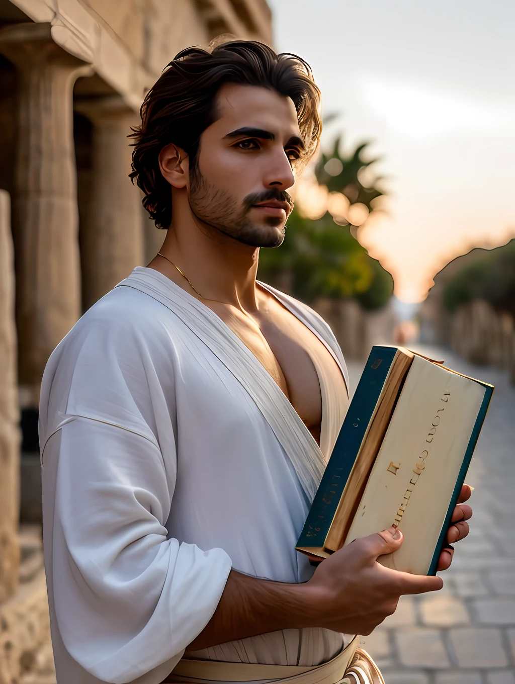 photo of an insanely handsome Greek man, honey eyes, short messy windy blonde hair, closeup zoomed in tight crop portrait, walking down a (street on a typical Ancient Greek island scene people:1.2) wearing a (traditional ancient Greek clothing Chitons, Peplos, Chamis:1.3) (holding old books on his hand:1.3) (Lighting-Gold:1.2) foreground objects background details (masterpiece:1.2) (photorealistic:1.2) (bokeh:1.2) (best quality) (color grading) (detailed skin:1.3) (intricate) (8k) (HDR) (cinematic lighting:1.3) (sharp focus), messy hair