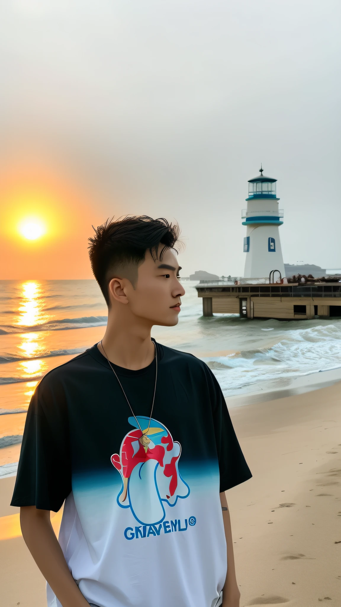 there is a man standing on the beach near the water, near a jetty, cai xukun, standing at the beach, profile picture 1024px, ryan jia, steve zheng, the ocean in the background, ocean in the background, xintong chen, yanjun chengt, standing beside the ocean, standing near the beach