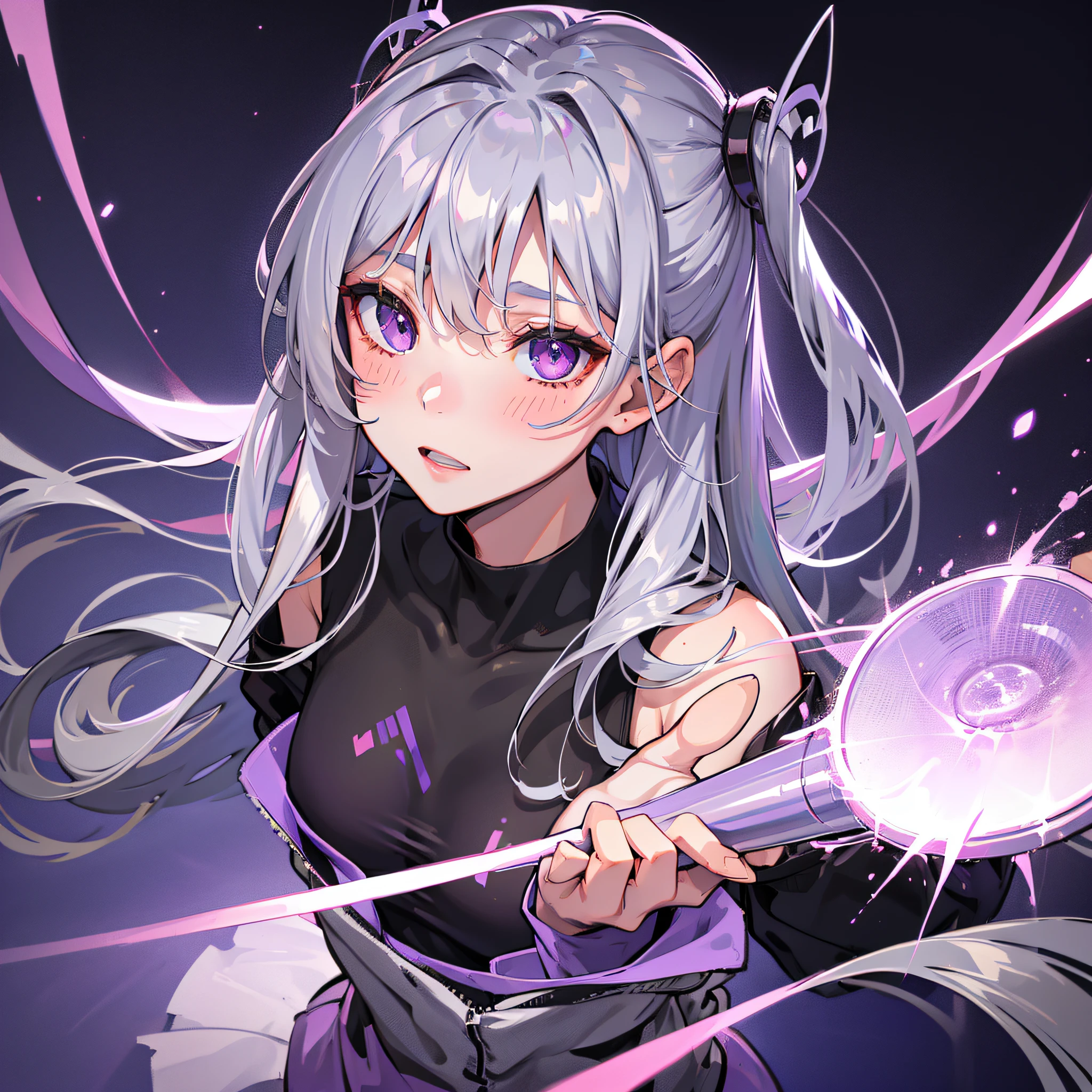 gray hair, semi long hair, purple eyes, glowing eyes, blush, gym, training, mature, small breasts, day