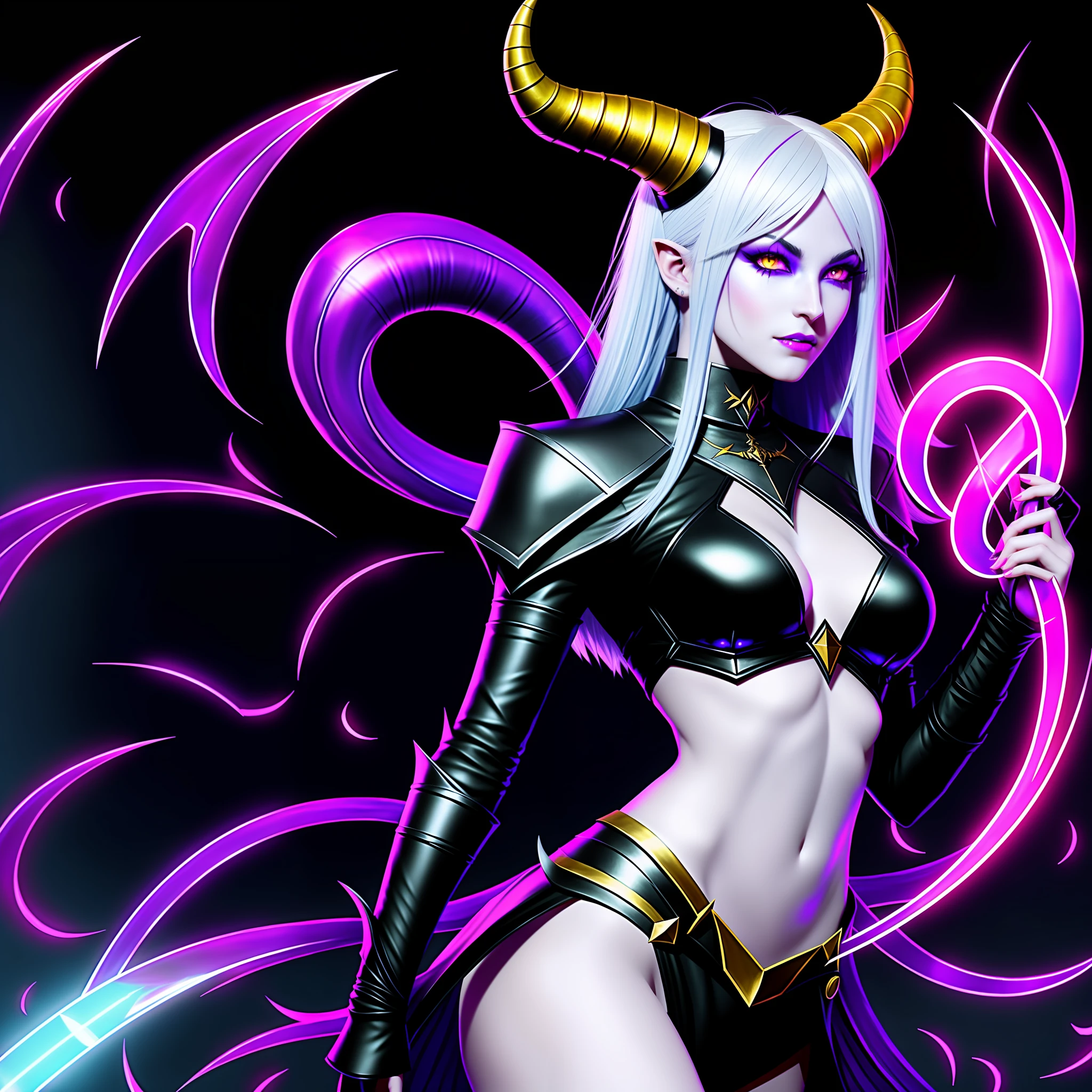 a Tiefling, she always had a striking appearance, with black horns, bluish violet skin, yellow eyes, long, platinum hair, and a tail that revealed her demonic origins.